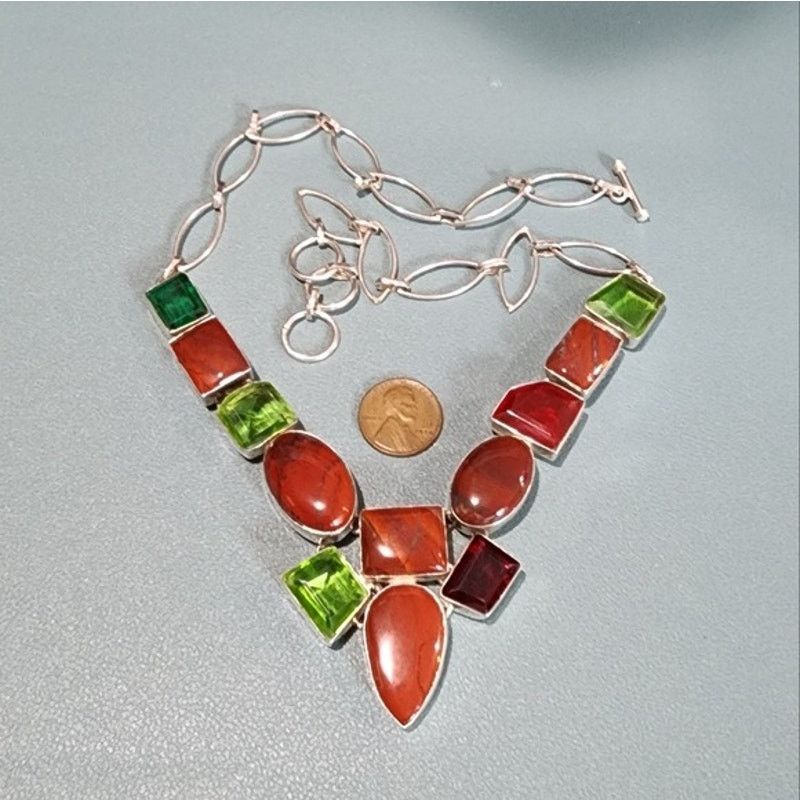 Vintage Artisan Sterling Silver Carnelian Agate Glass Y Necklace Size ONE SIZE - 3 Thumbnail