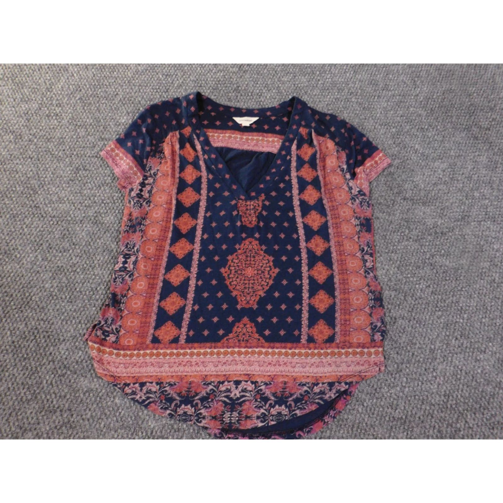 Lucky Brand Lucky Brand Blue Geometric Knit Pullover Cotton Linen Viscose Women Blouse Short Sleeve Round Neck Casual S Small Womens Regular Stretch Size S / US 4 / IT 40 - 3 Thumbnail