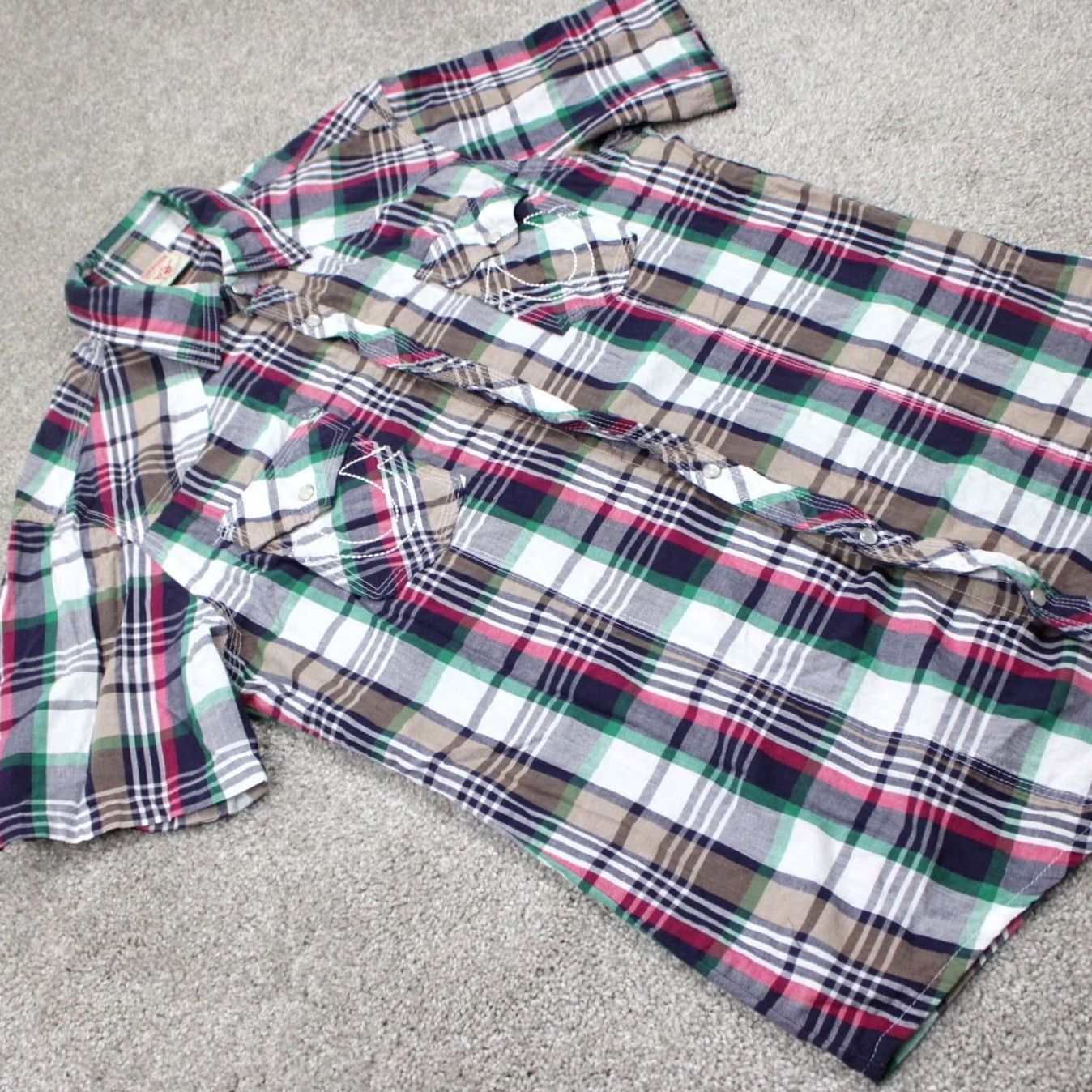 True Religion True Religion Shirt Mens 2XL Plaid Button-Up Snap Short Sleeve Red Green White Gray Cotton 100% Cotton Western Cowboy Vintage No Size US XXL / EU 58 / 5 - 7 Thumbnail