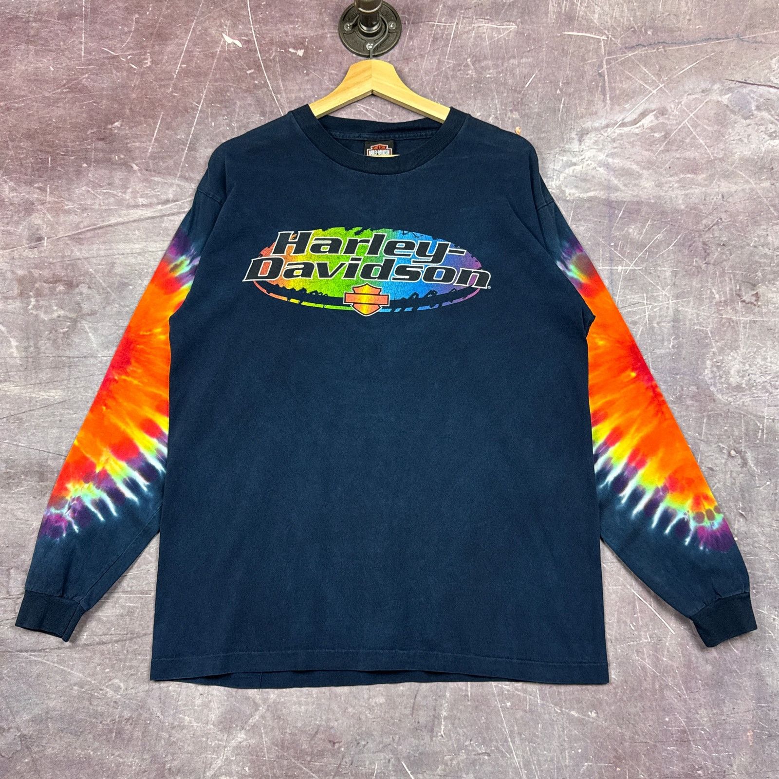 90s Navy Blue Harley Davidson Tie-Dye LS Shirt L 3052
