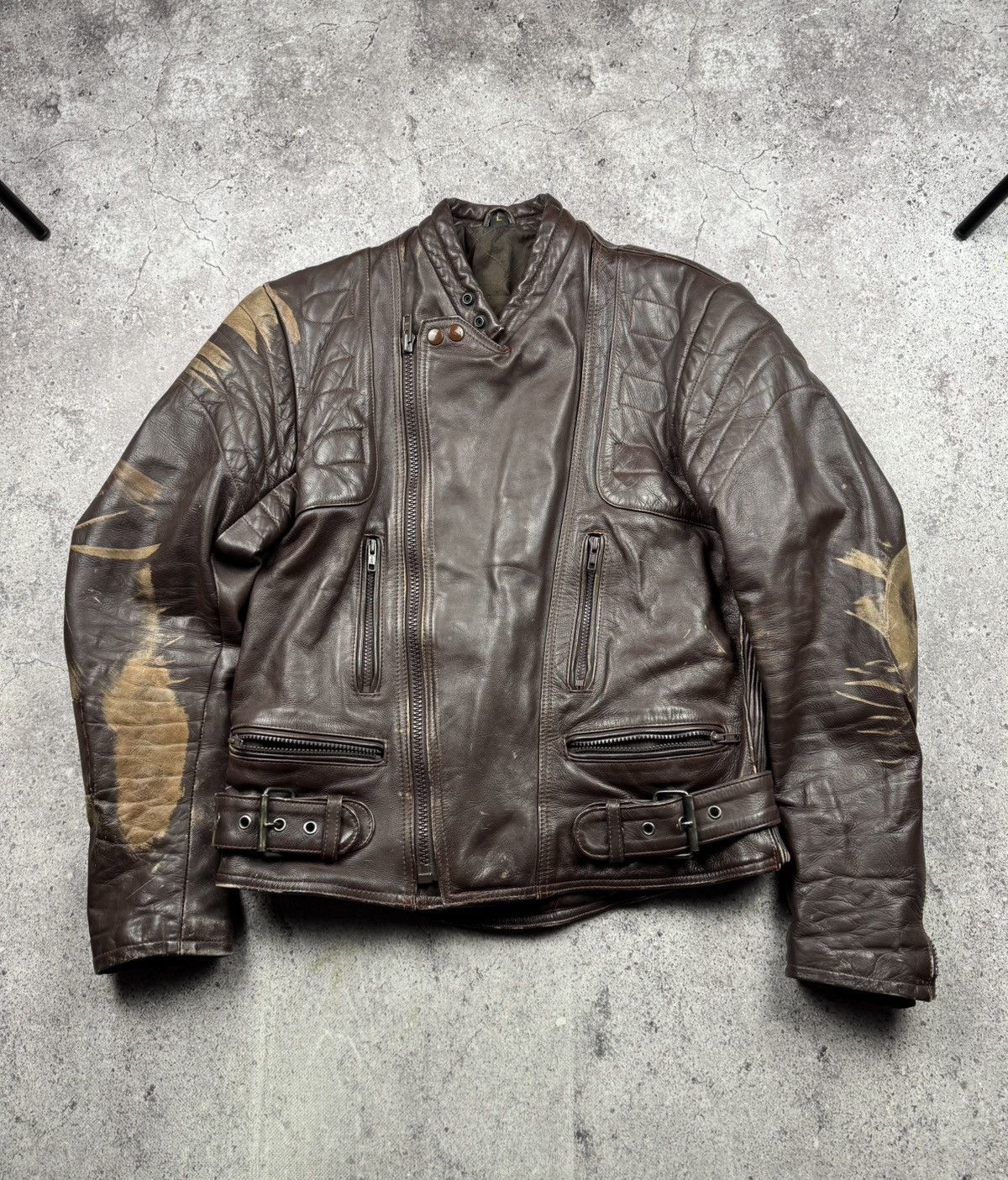 Vintage VINTAGE 80S BROWN BIKER RAMONES FADED RACING LEATHER JACKET Size US L / EU 52-54 / 3 - 5 Thumbnail