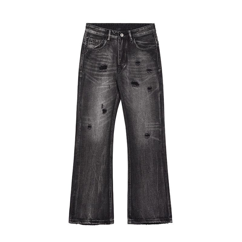 Men's washed straight-leg flared cleanfit black ripped jeans