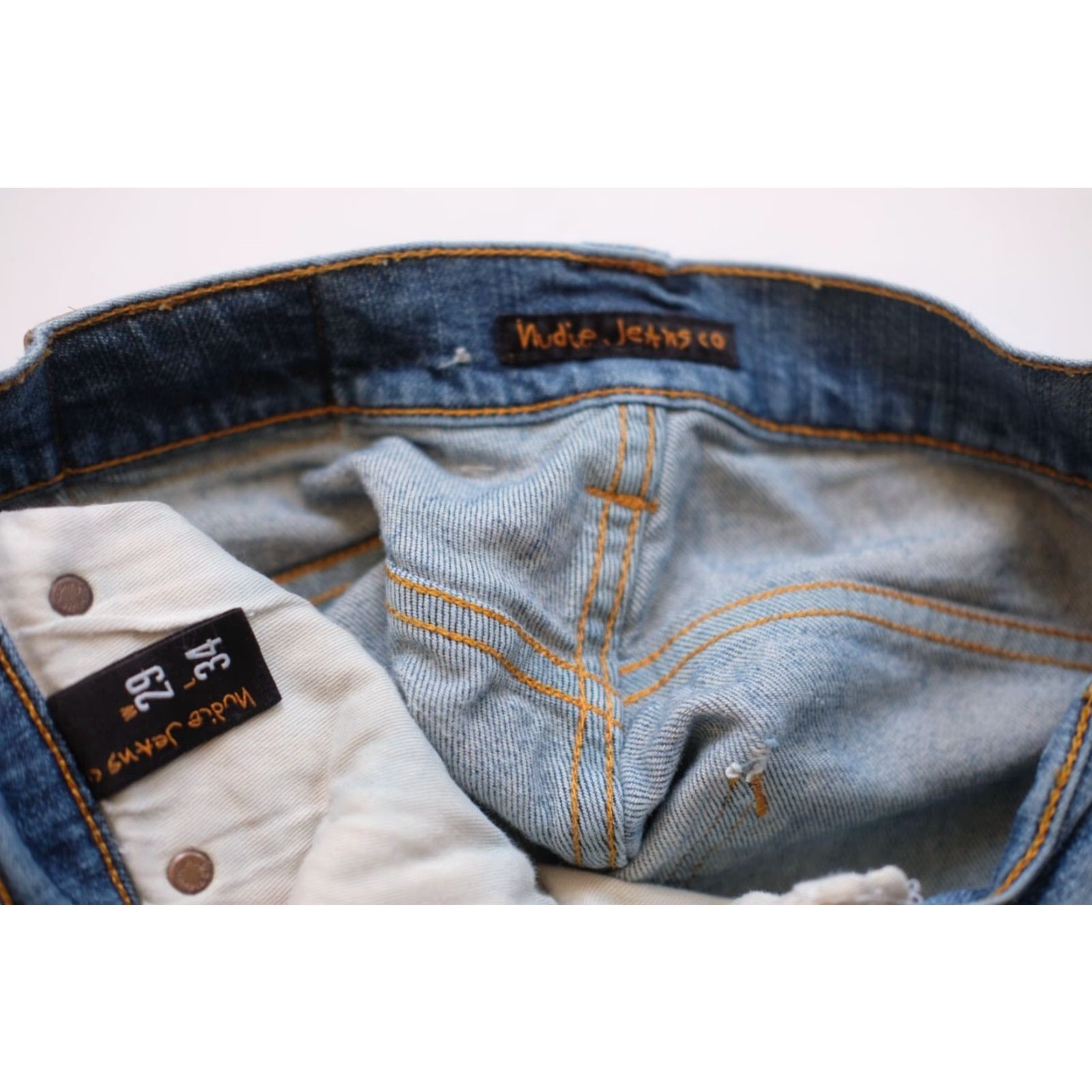 Denime NUDIE DISTRESSED JEANS REPAIRED PATCHED LIGHT BLUE VTG Y2K DENIM MENs SZ 29x34 Jeans Slim Light Blue 90s Mens 28in Waist 33in Inseam Size US 29 - 6 Thumbnail