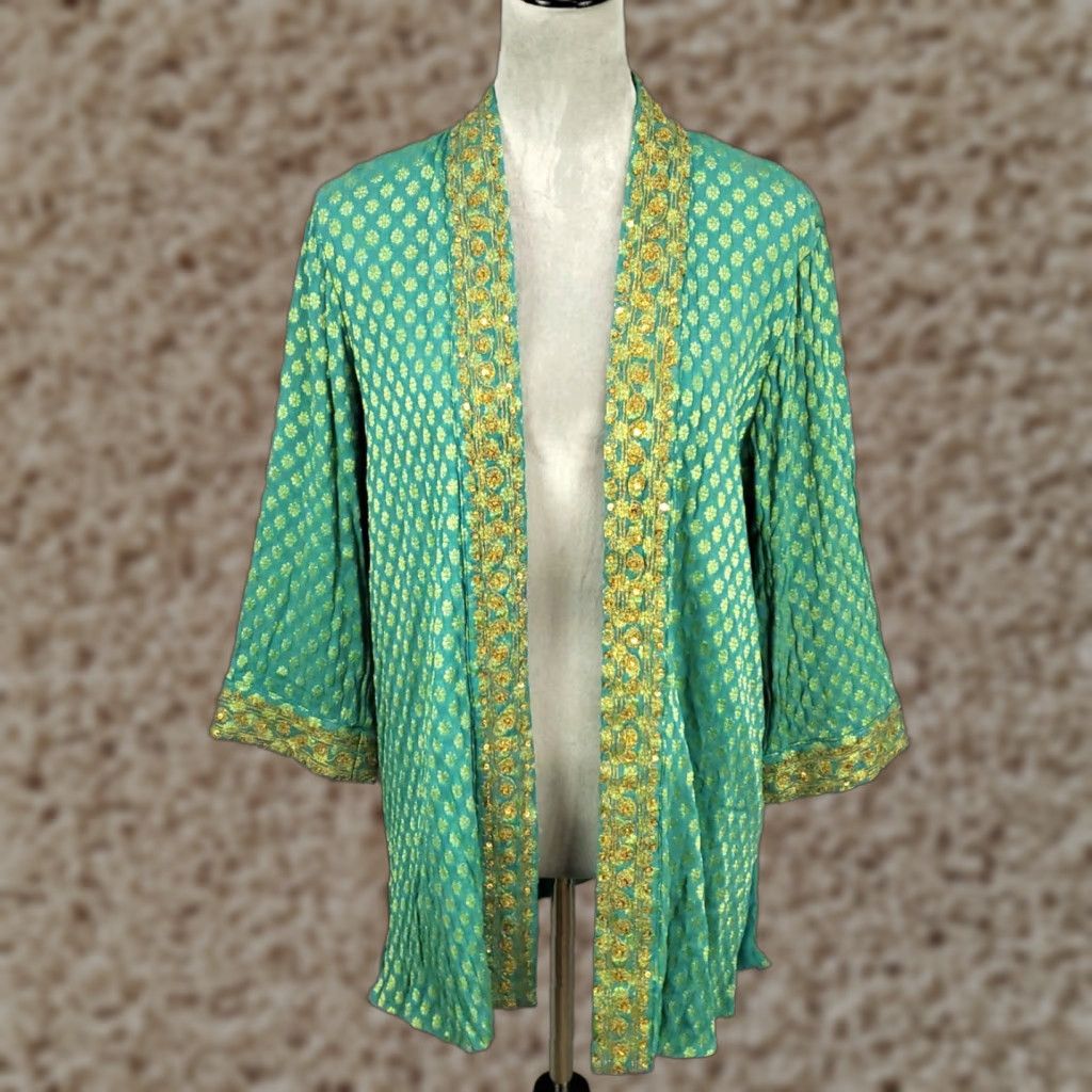 Soft Surroundings Soft Surroundings Sequined Cardigan Womens M Teal Gold Metallic Open Lined Bohemian Geometric Relaxed Fit Blouse Cardigan Accessories Size M / US 6-8 / IT 42-44 - 1 Thumbnail