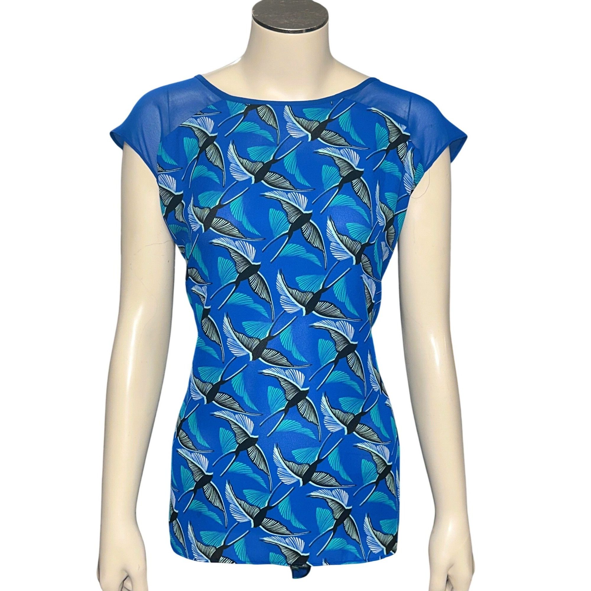 Other CCC Retro Blue Bird Print Blouse Mesh Cap Sleeve Mod Top Art Size M / US 6-8 / IT 42-44 - 1 Thumbnail