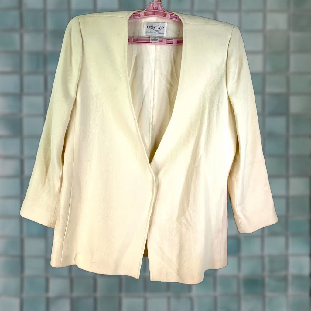 VINTAGE Oscar de la Renta Oversized Wool Blazer Womens Size 12 Ivory Pockets 90s