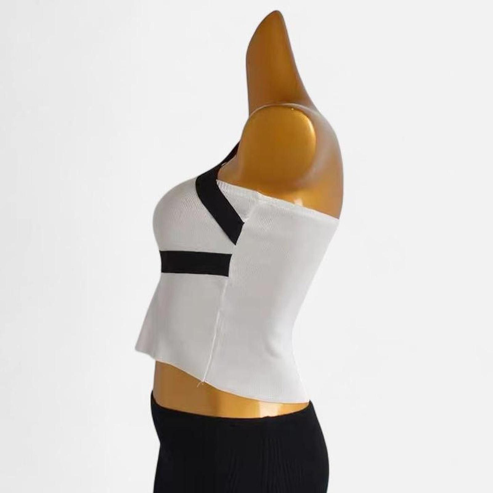 Japanese Brand Deadstock black and white knit striped one shoulder tank top Size ONE SIZE - 4 Thumbnail