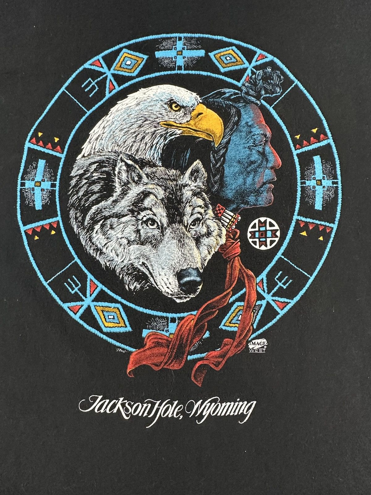 Fruit Of The Loom Vintage Jackson Hole Wyoming Wolf Eagle Native Art Tee XL Size US XL / EU 56 / 4 - 2 Thumbnail