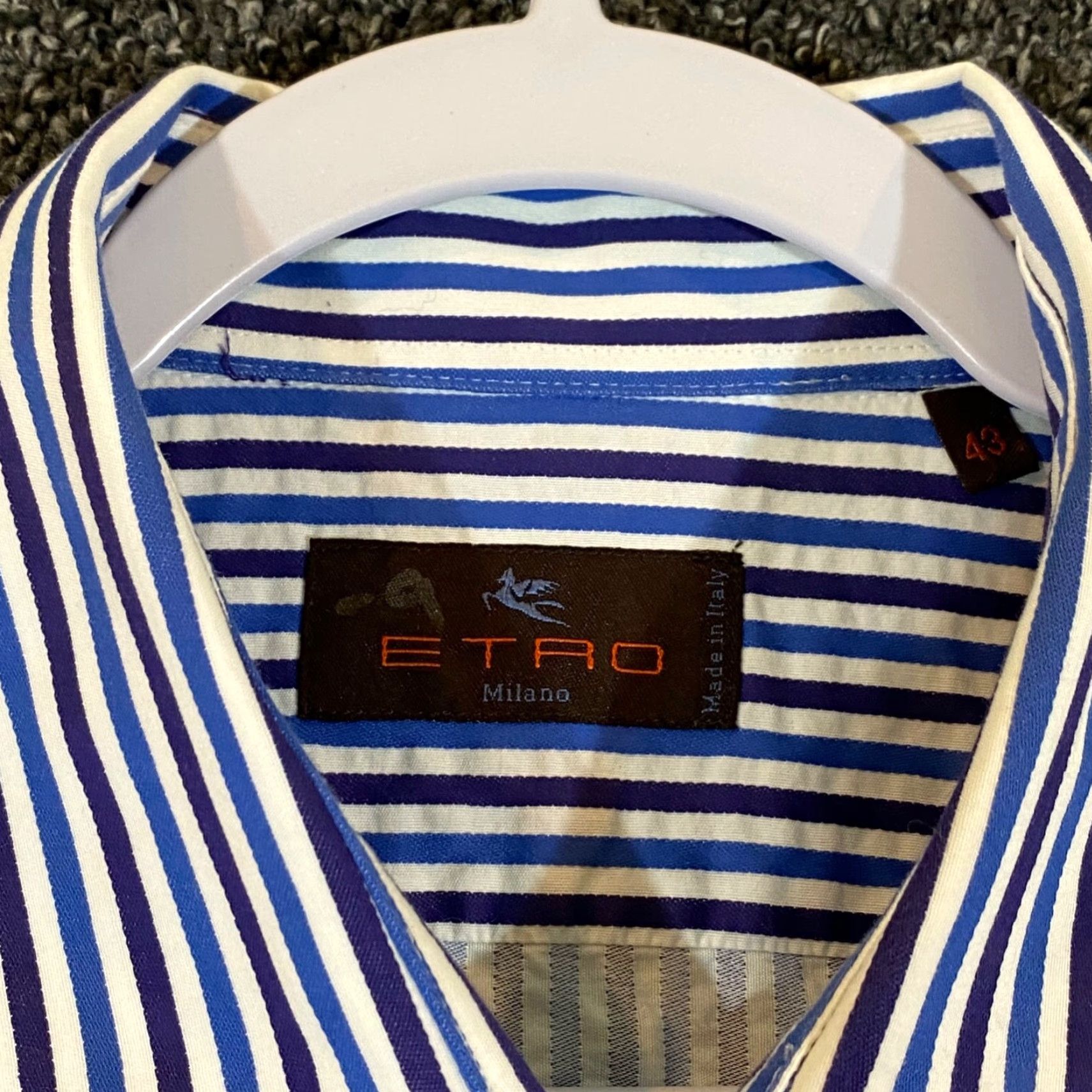 Etro VINTAGE ETRO Milano Shirt Mens 43 Blue Striped Cotton Button-Up Casual Dress L/S Italy Size US XL / EU 56 / 4 - 2 Thumbnail