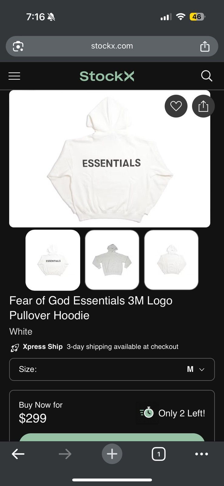 🔥Fear of God Essentials Boxy 3M Graphic Hoodie SZ Med White