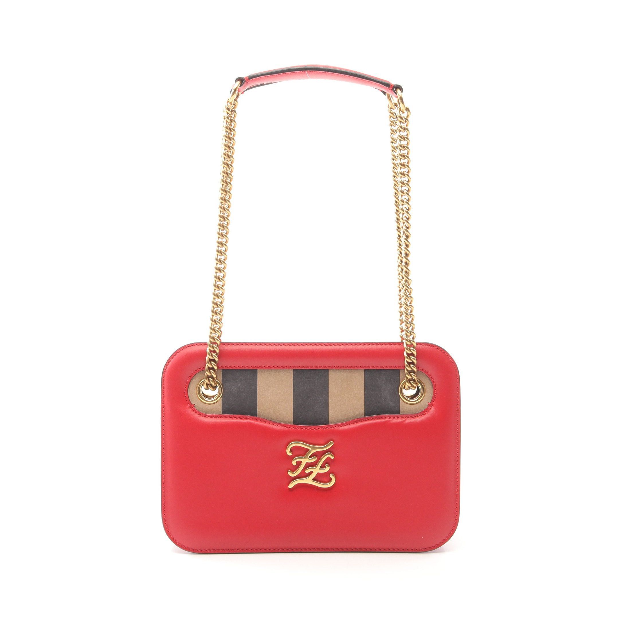 Fendi Karligraphy Chain Shoulder Bag Leather Red, Women's