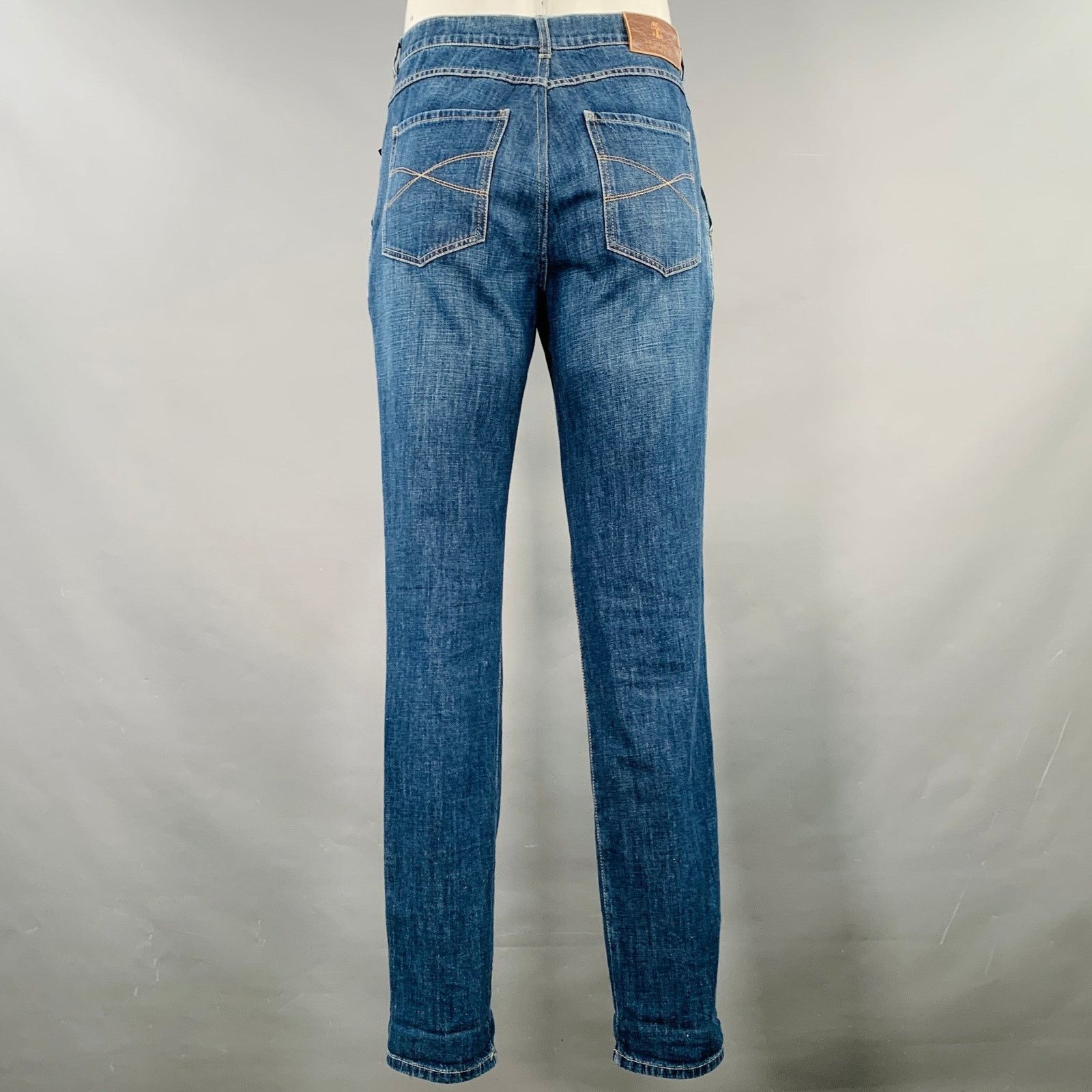 Brunello Cucinelli 35 Indigo Contrast Stitch Denim Straight Jeans Size US 35 - 3 Thumbnail