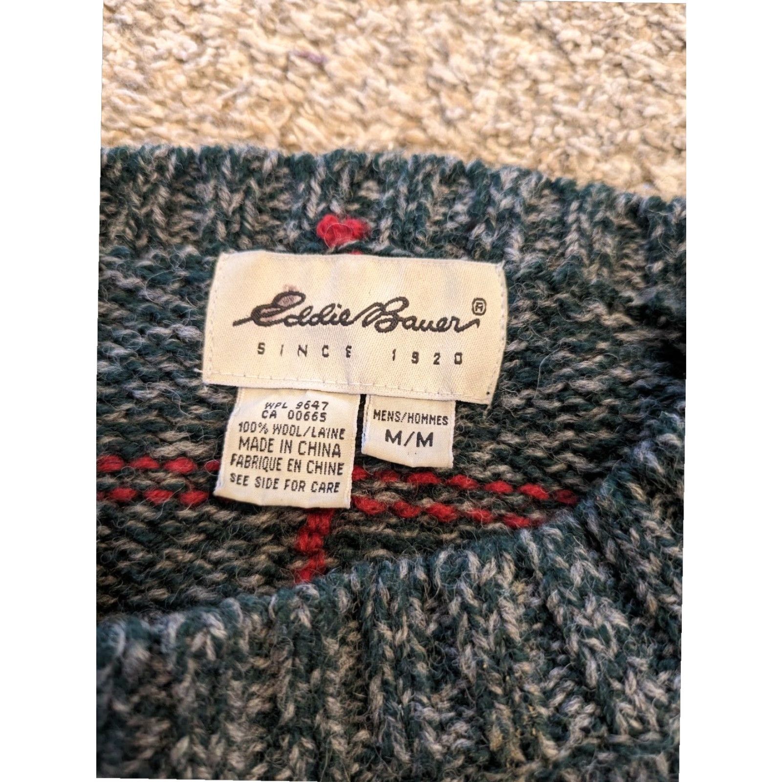 Eddie Bauer 100% Wool Sweater Green Red Blue Lines Mens