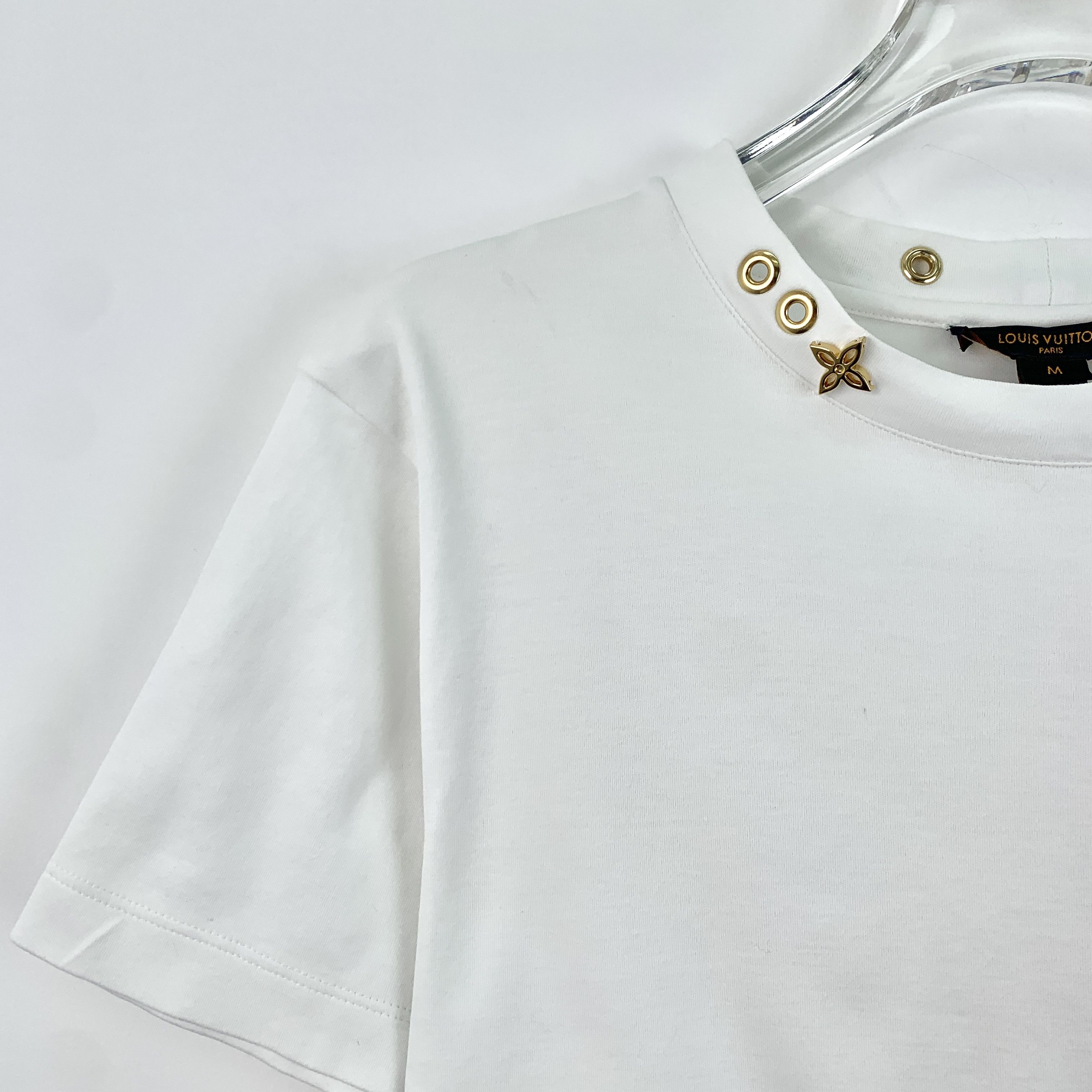 Louis Vuitton LV White Cotton Tee w/ Gold Eyelets & Floral Details Size M / US 6-8 / IT 42-44 - 3 Thumbnail