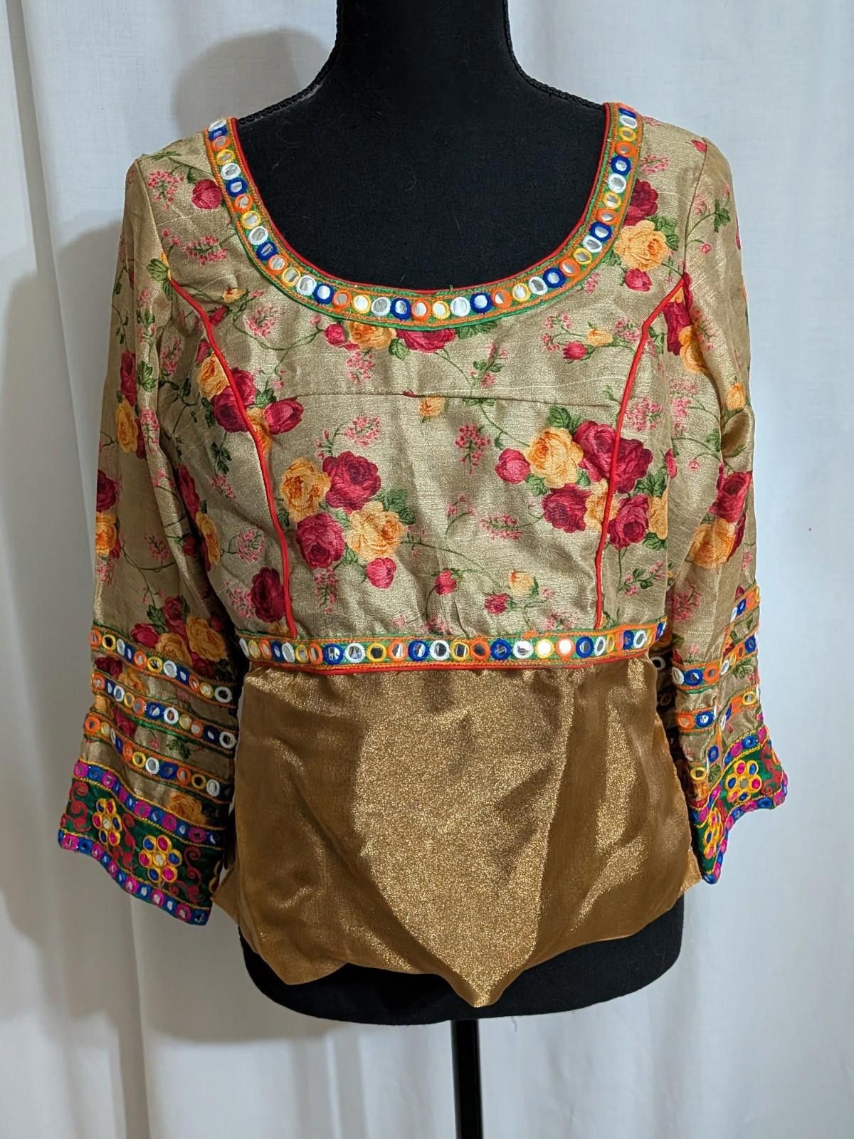 Handmade VTG 90s Gold Rose Indian Choli/Ravike Top W/ Mirror Accents Size ONE SIZE - 1 Thumbnail