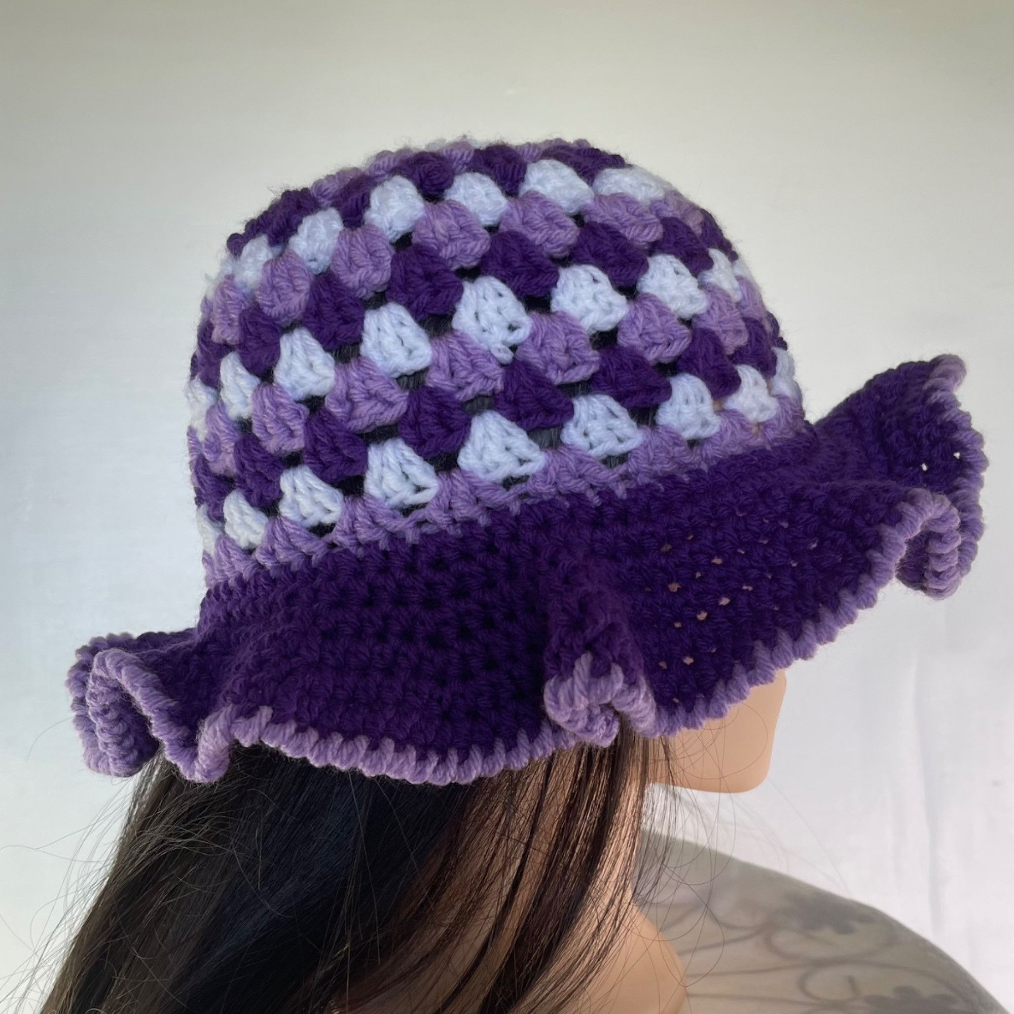 Handmade Crochet Bucket Hat Granny Square Pattern Purple Lavender Whi Size ONE SIZE - 2 Thumbnail