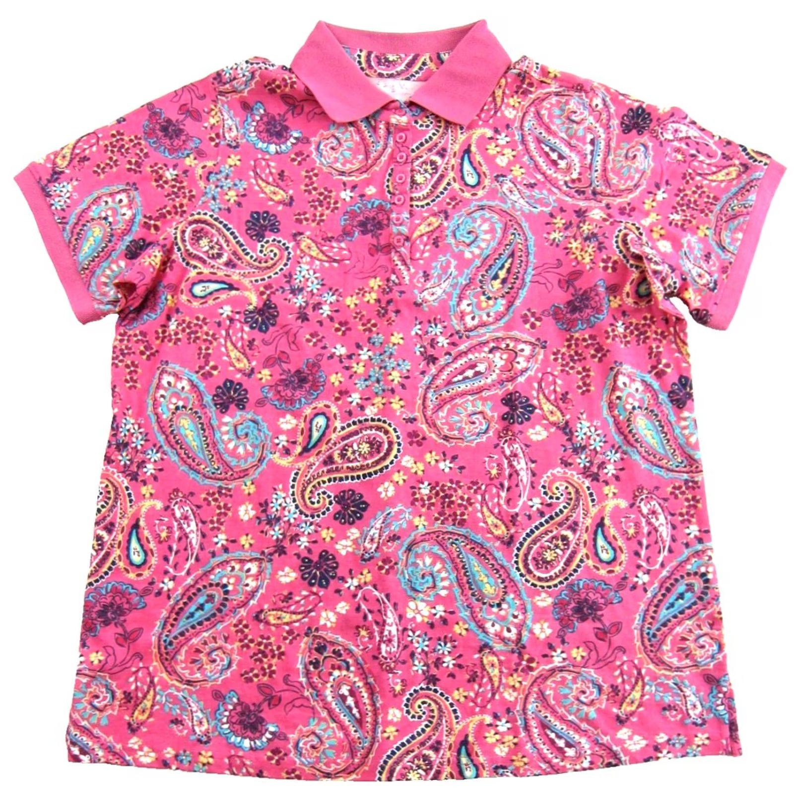 Vintage NWT Woman Within Pink Yellow Blue Floral Paisley Short Sleeve Polo Shirt L 18/20 Size XXL / US 16-18 / IT 52-54 - 2 Thumbnail