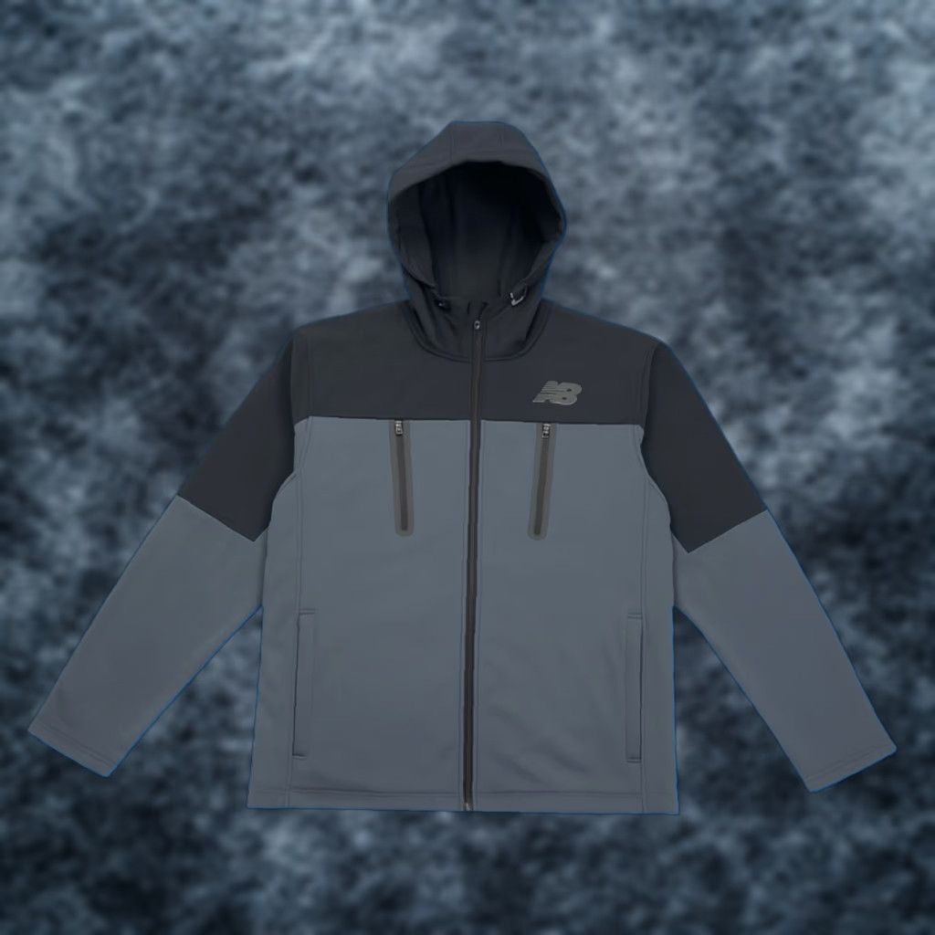 New Balance Men Jacket Hooded Black Lined Soft Shell Zip Full Medium Size Fleece All Motion Track
