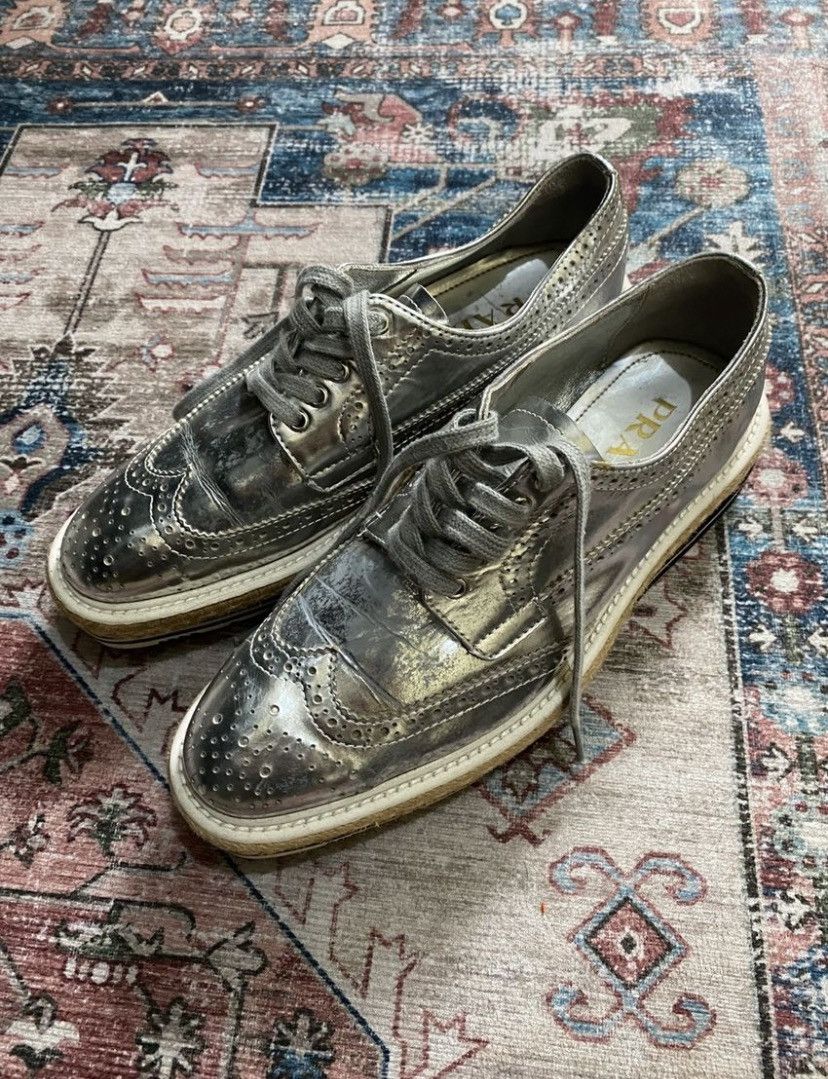 Prada Prada Platform Lace Up Silver Brogues Wedges Size US 9 / IT 39 - 1 Thumbnail