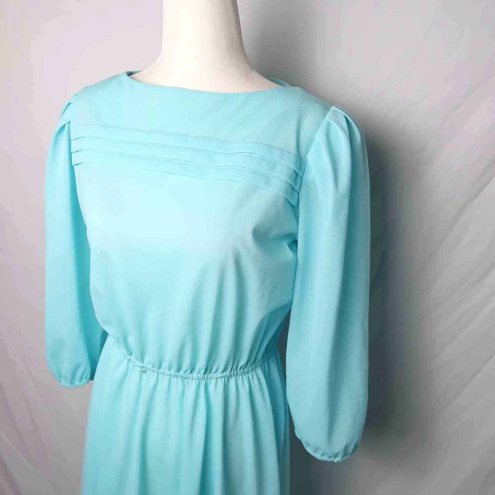 Vintage VINTAGE 70s Lady Carol Blue Blouson Midi Dress 12 Work Secretary/Geek - Polyester - Turquoise - Length 44 - Elastic Waist - Excellent Condition Size XL / US 12-14 / IT 48-50 - 2 Thumbnail