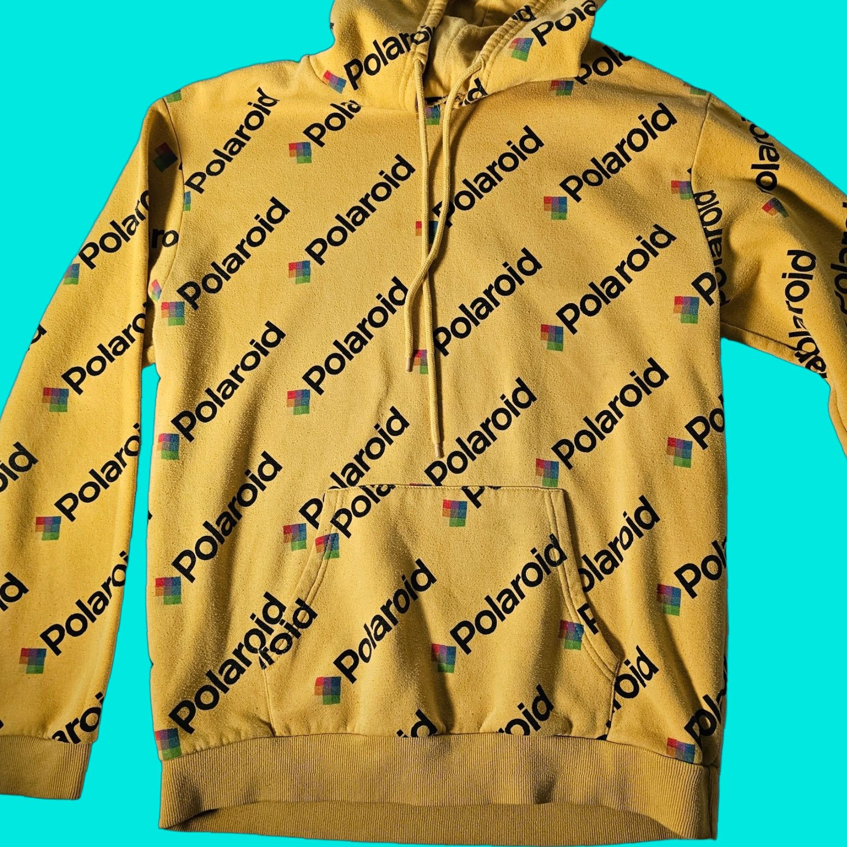 Polaroid Classic Logo Hoodie Sweatshirt Pullover Drawstring Yellow Large Mens Regular Cotton Blend Cotton/Poly Logo