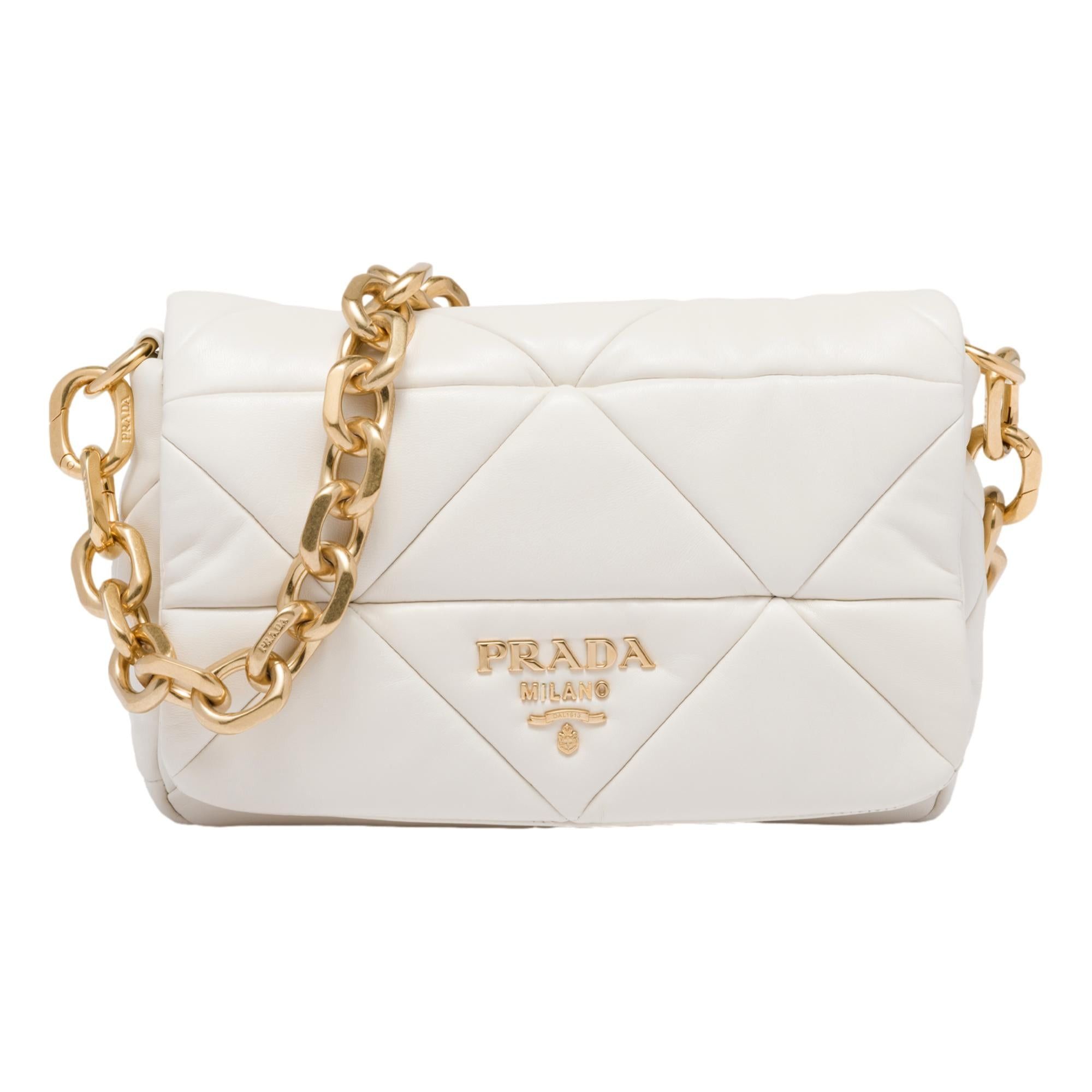 image of NWT Prada Gold Logo Ivory Quilted Nappa Patch Leather Shoulder Bag in White, Women's