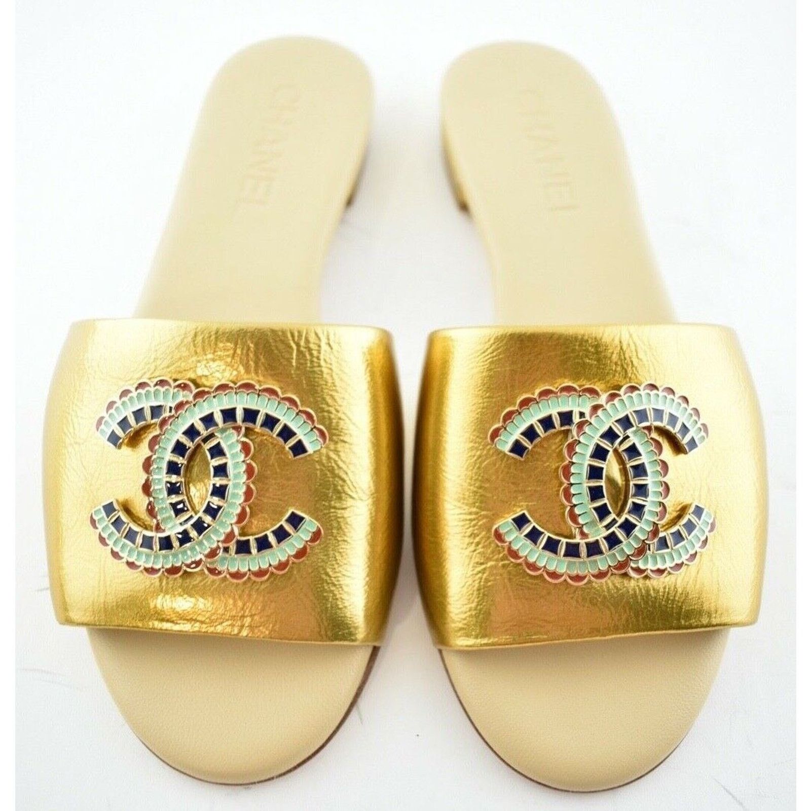 Chanel Chanel 19A Gold Laminated Lambskin CC Red Logo Slide Size US 6 / IT 36 - 1 Thumbnail