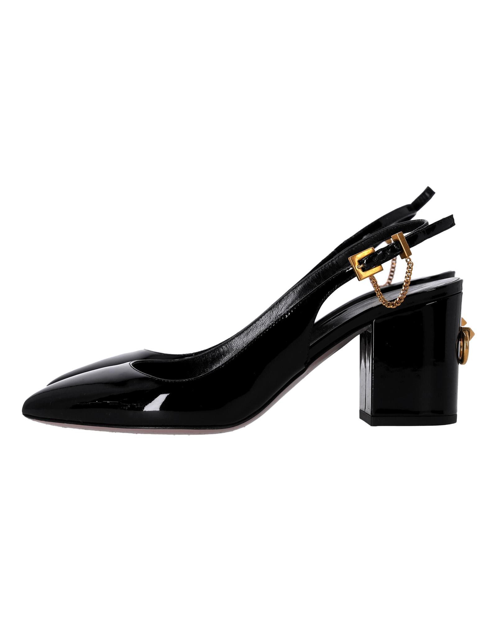 image of Valentino Black Patent Leather Ringstud Slingback Pumps Shoes, Women's (Size 8)