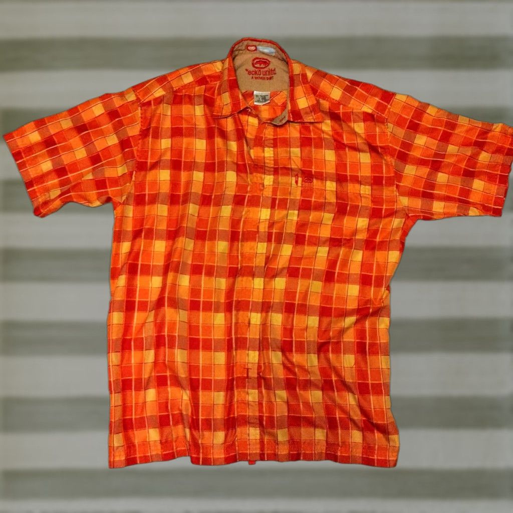 Ecko Unltd. Ecko Unltd Mens Button-Up Shirt Orange Plaid Short Sleeve Pocket Size US L / EU 52-54 / 3 - 1 Thumbnail