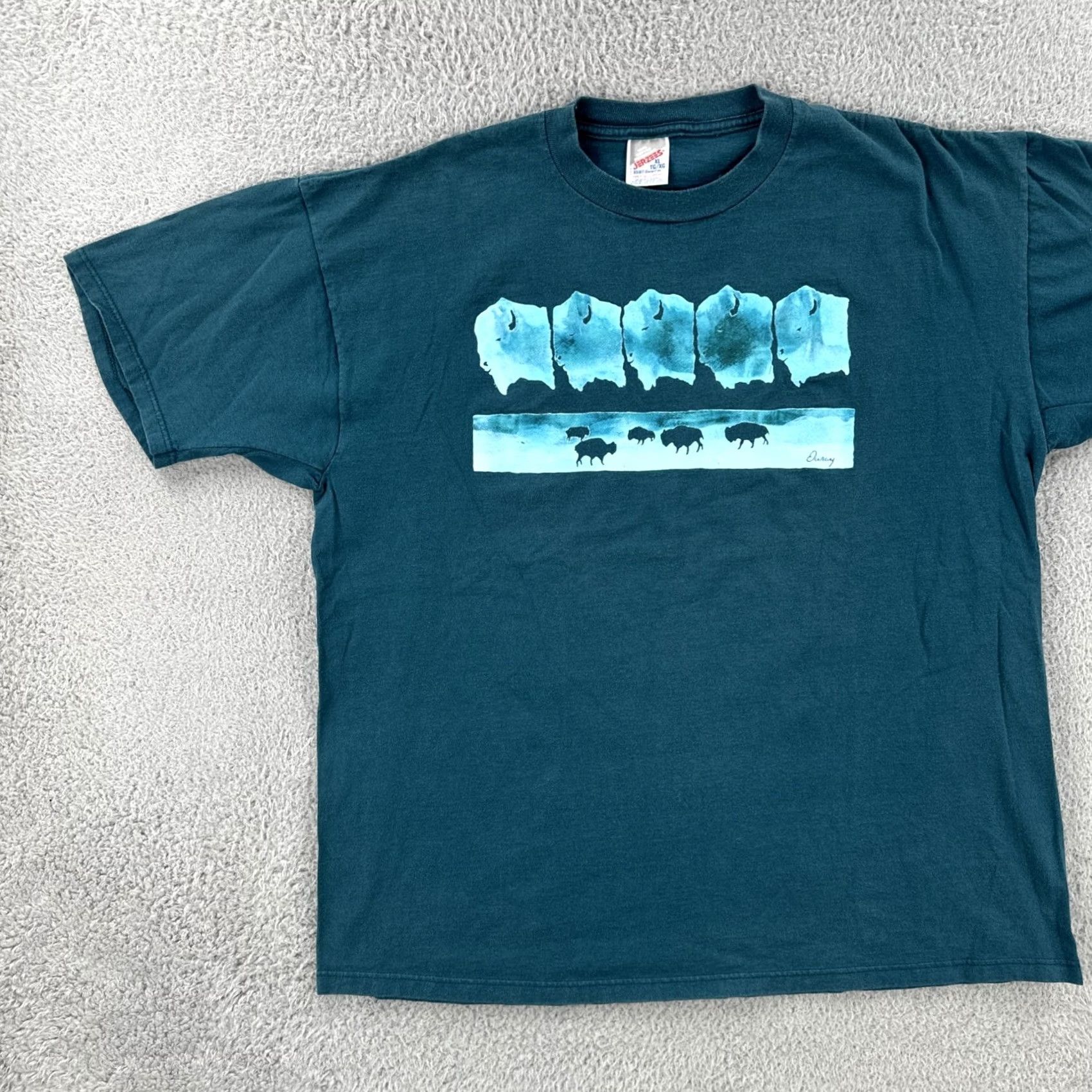 Jerzees VINTAGE Jerzees T-Shirt Mens XL Green Crew Neck Short Sleeve Bison Graphic Print USA 90s Ouray Co Size US XL / EU 56 / 4 - 3 Thumbnail