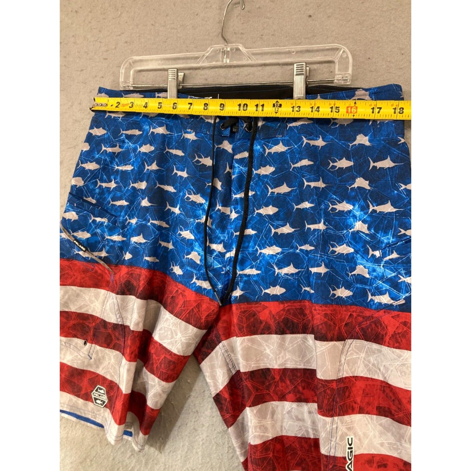 Swims PELAGIC Boardshorts Mens 36 Bottom Swim Lifeguard Recreational Surfing Geometric Multicolor Polyester Blend Blended Fabric Flag Sharkskin American 36 Size US 36 / EU 52 - 2 Thumbnail