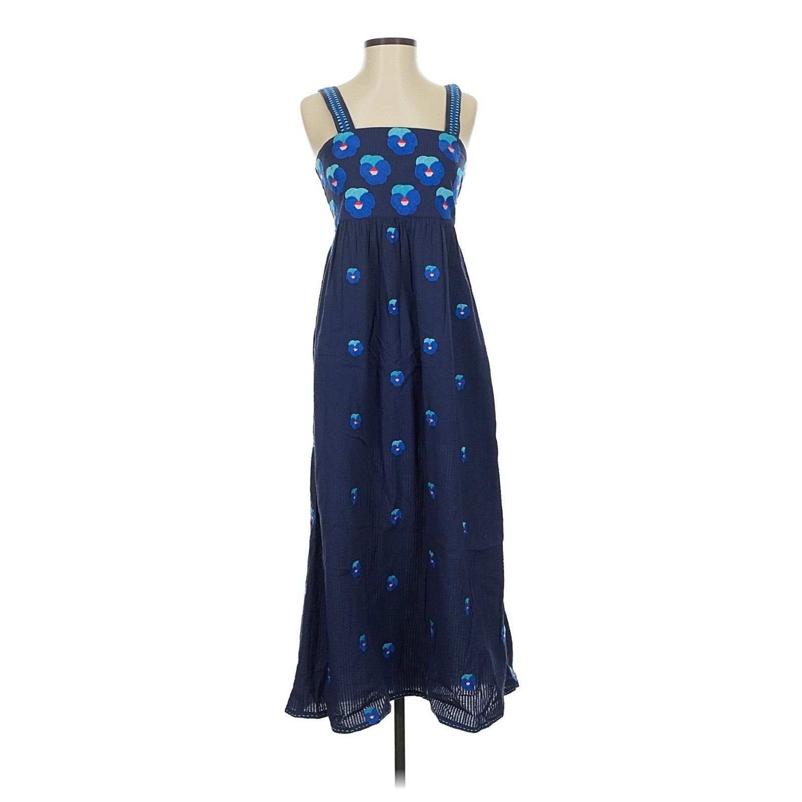Cassia Dress Blue Stripes Peacock Embroidery – Nimo With Love Nimo with love Mexican flower dress Blue Floral Midi XS