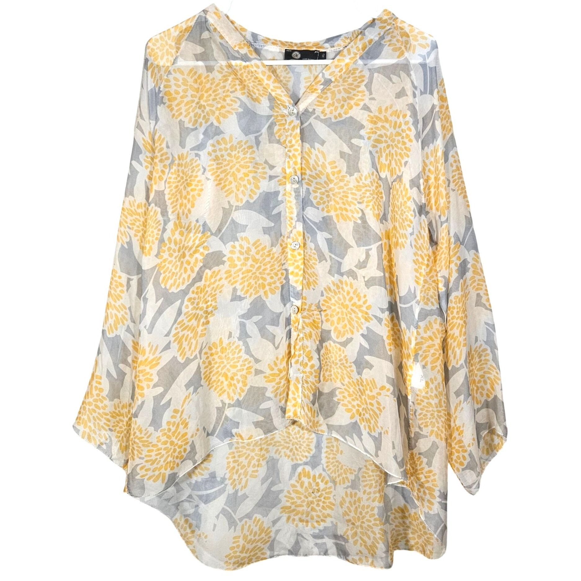 Other Italian Silk Floral Blouse XL Yellow Gray Sheer Resort Coast Size XL / US 12-14 / IT 48-50 - 2 Thumbnail