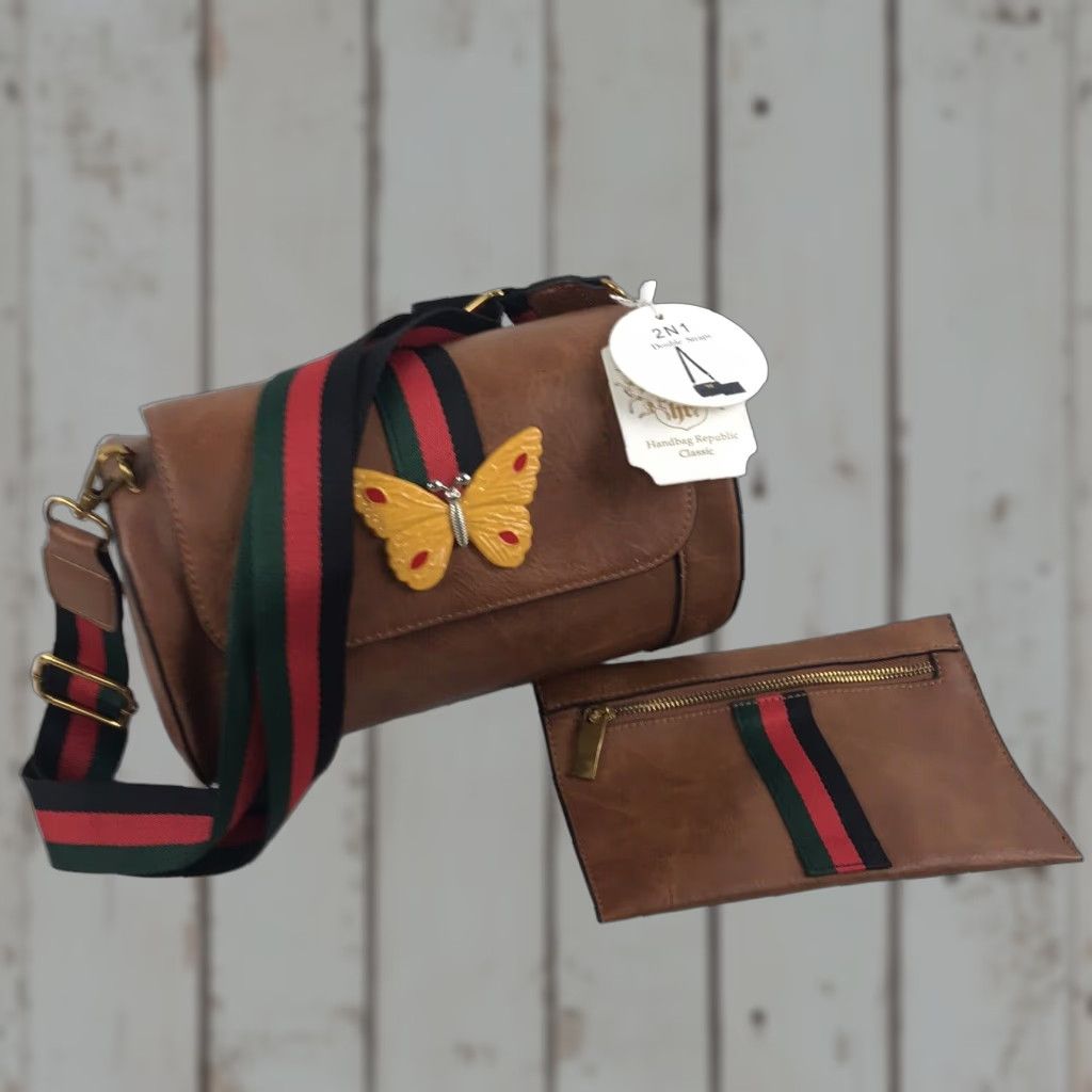 Vintage Handbag Republic Brown Faux Leather Medium Crossbody Bag With Matching Wallet, Adjustable Straps, Butterfly Appliqué, Casual/party, Womens