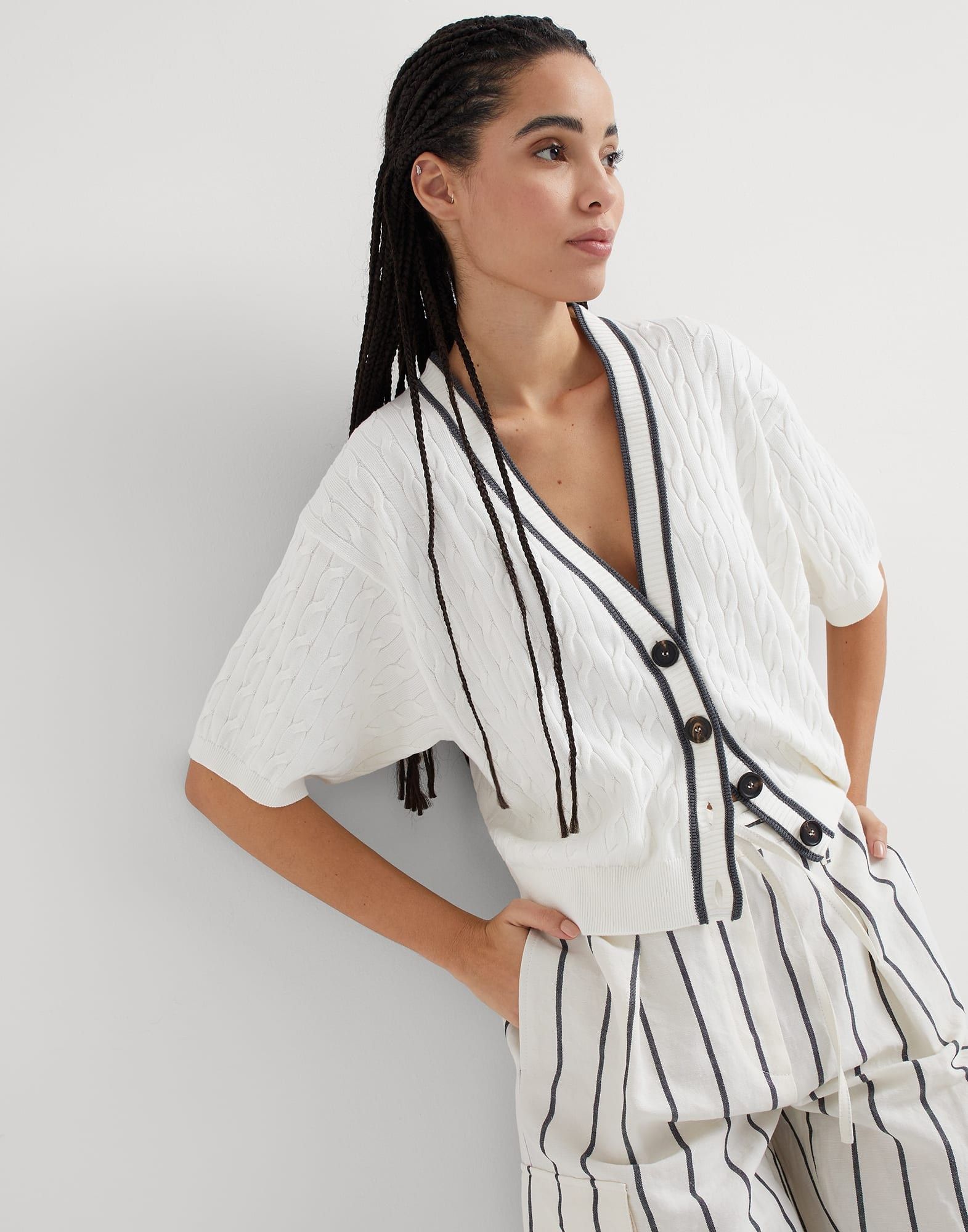 Brunello Cucinelli o1w1db10825 Cardigan in Open White Size L / US 10 / IT 46 - 3 Thumbnail
