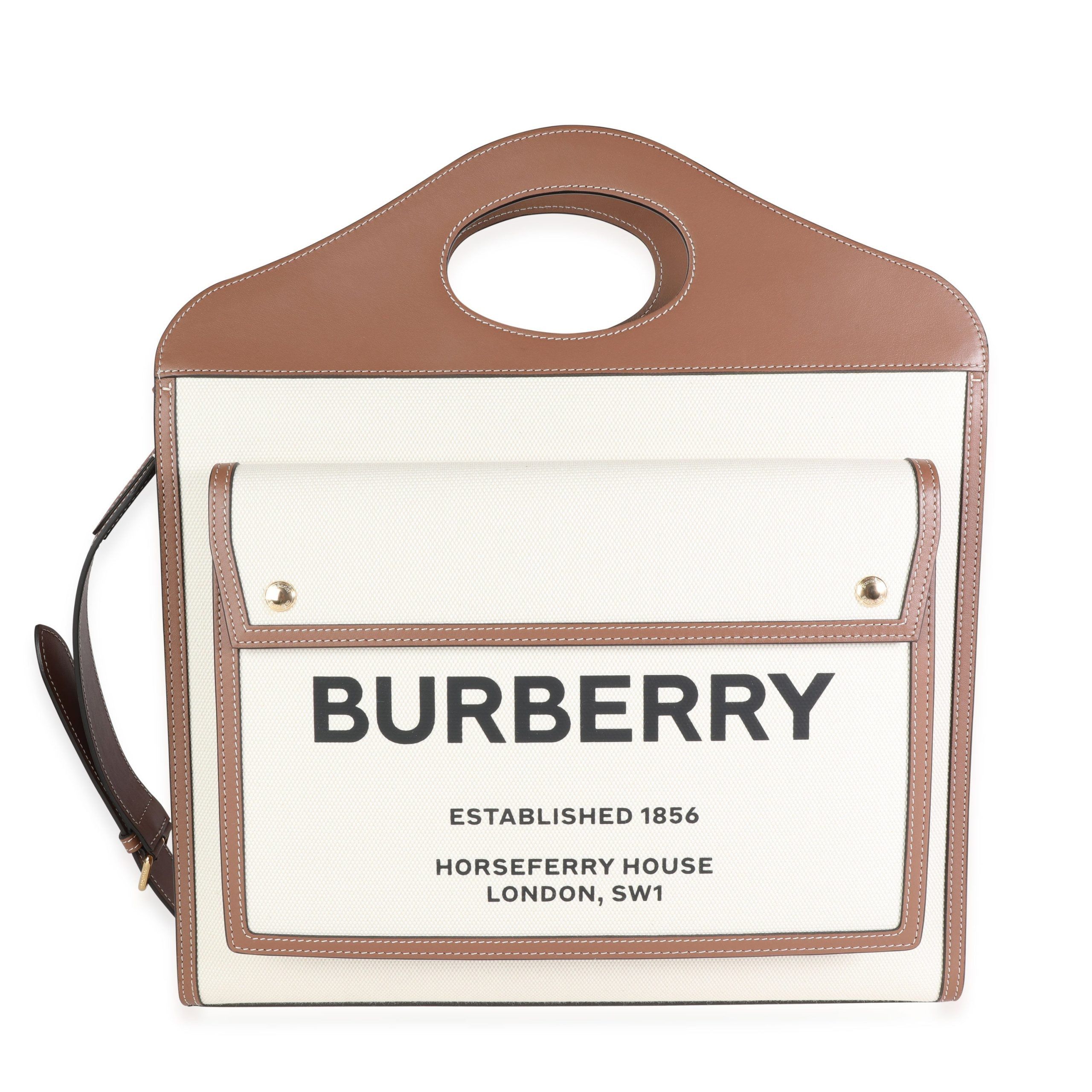 image of Burberry Natural Canvas & Malt Brown Leather Medium Two-Tone Pocket Bag, Women's