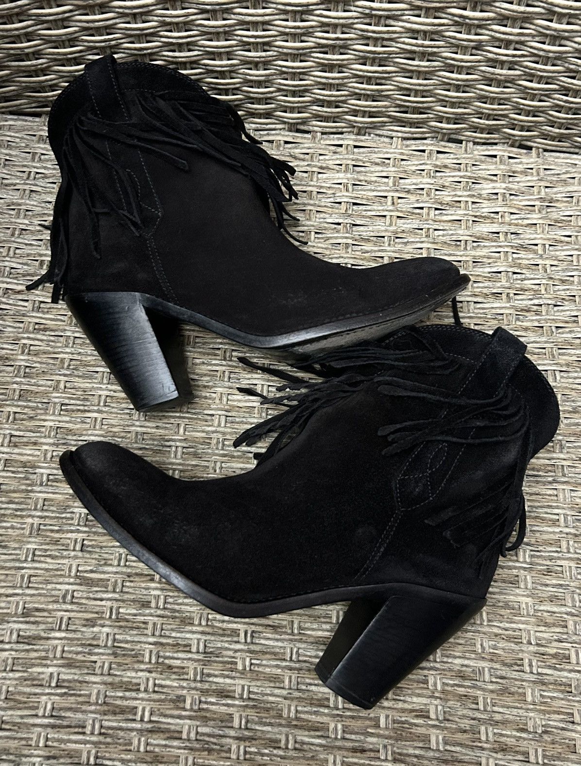 Saint Laurent Paris Black Suede Ankle Western Fringe Boots