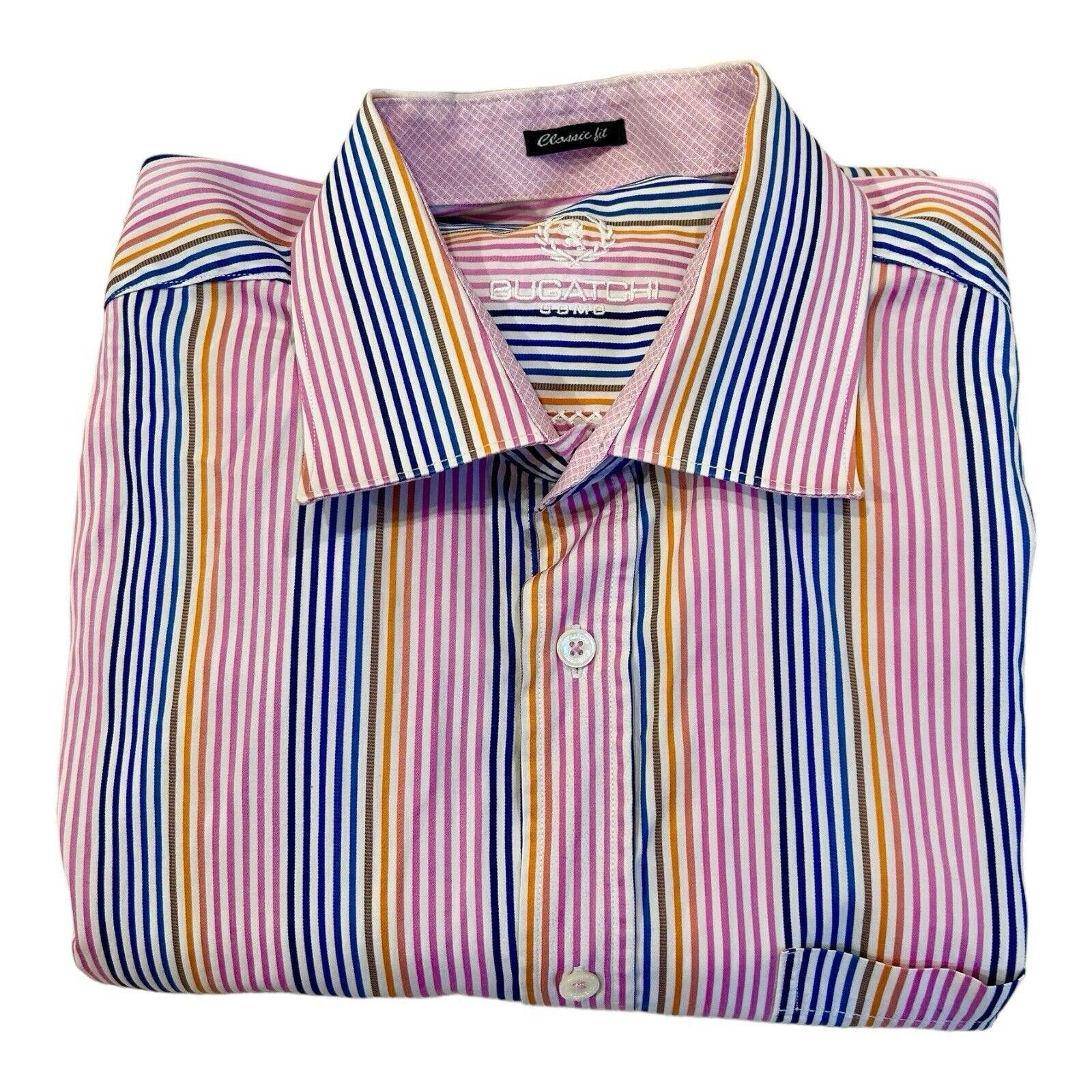 Designer Bugatchi Uomo Men’s Button Up Shirt Striped Classic Fit XL Size 44R - 2 Thumbnail
