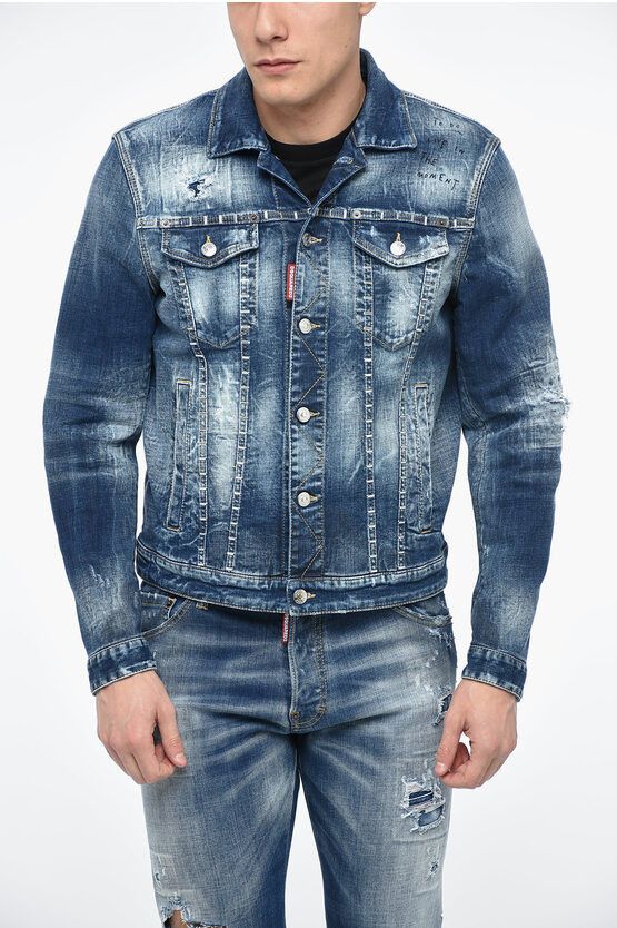 image of Dsquared2 Distressed Denim Dan Jacket With Studded Application in Blue, Men's (Size Small)