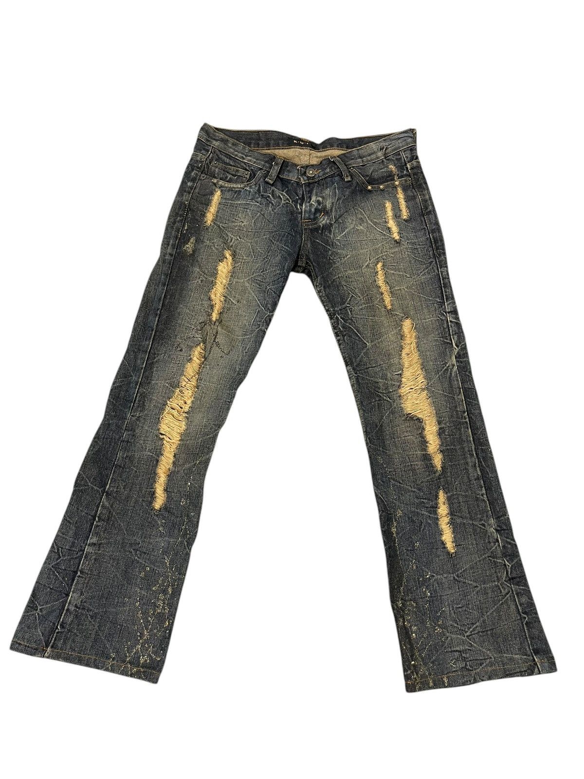 Japanese Brand Slight Flare Jeans K.U.I. Distress Low Rise Boot Cut 8🟦 Size US 33 - 2 Thumbnail
