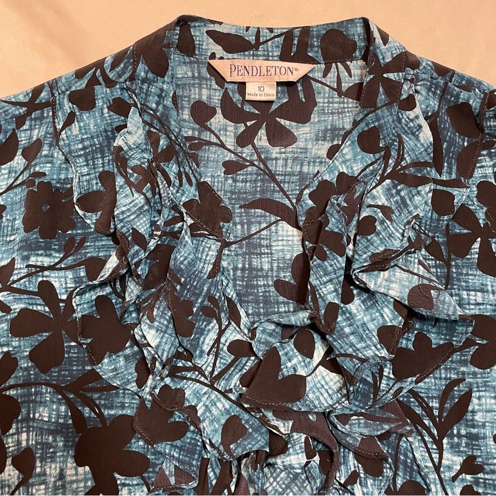 Pendleton Pendleton Silk Blue Black Floral Short Sleeve Blouse Size 1 Size L / US 10 / IT 46 - 7 Thumbnail
