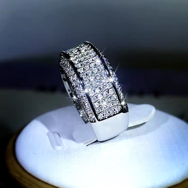 925 Silver x Jewelry Exquisite White Zircon Full Diamond Ring ( Size 8- 13 ) in Silver, Men's