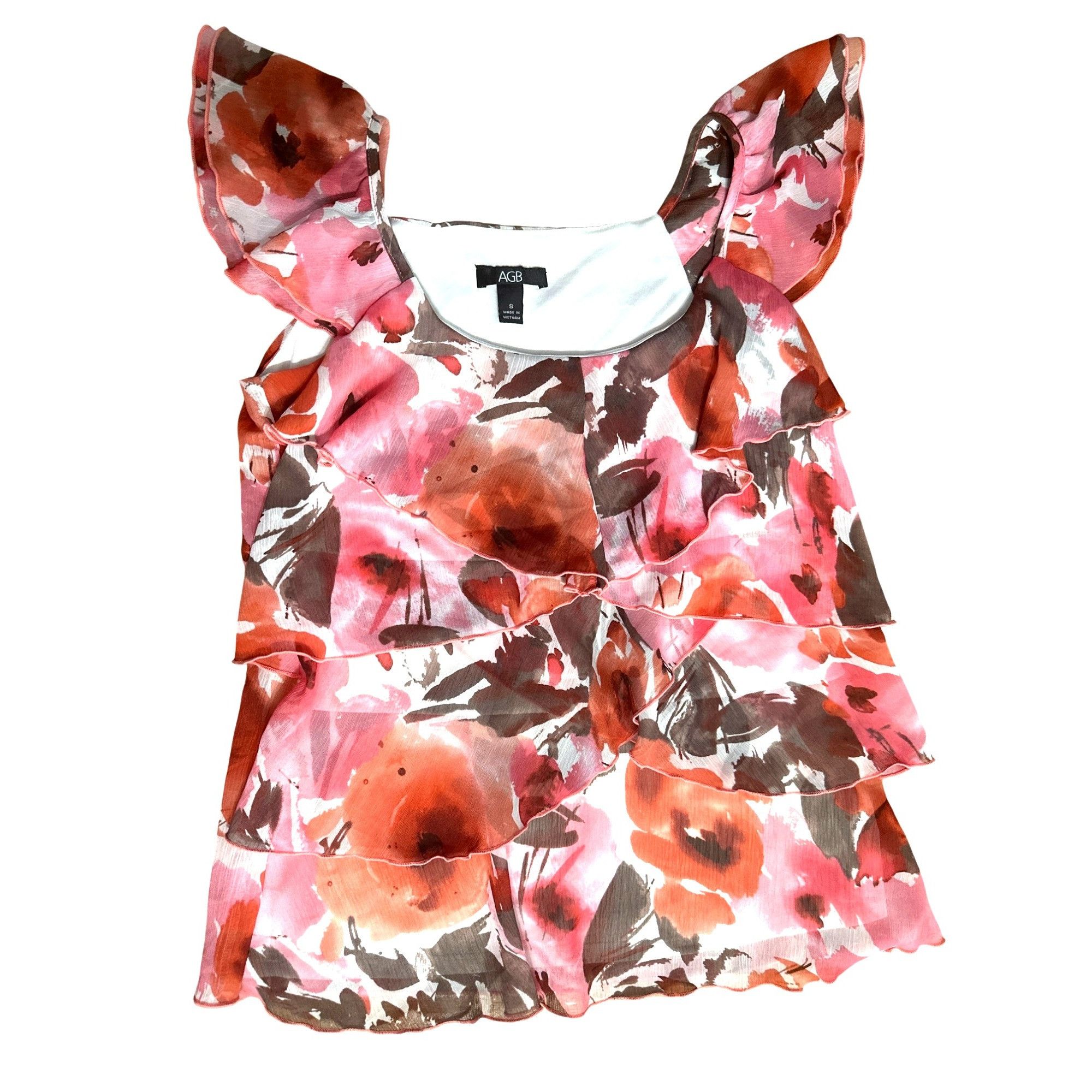 Other AGB Small East Hamptons Ruffle Blouse Pink Coral Floral Laye Size S / US 4 / IT 40 - 13 Thumbnail