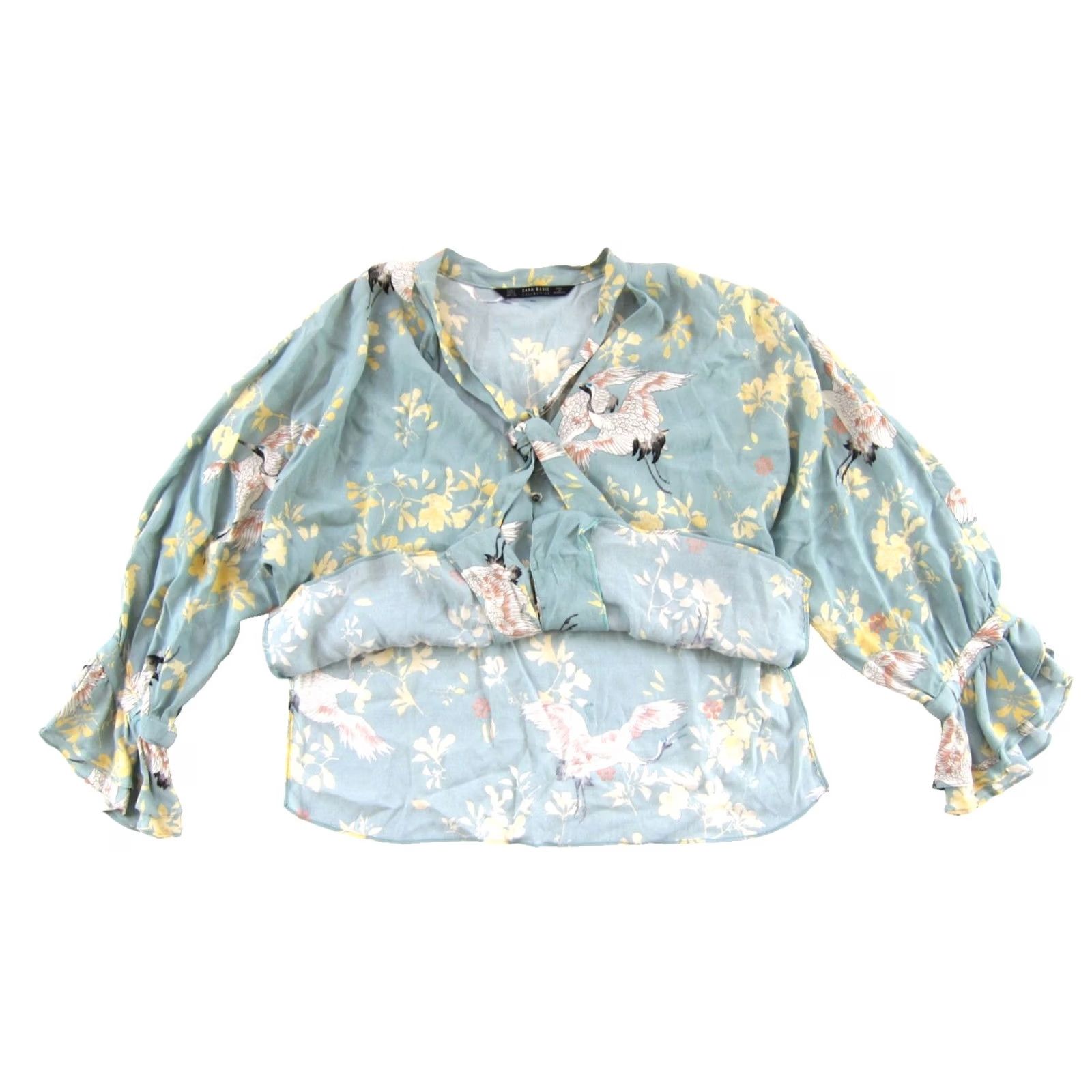 Zara ZARA Basics Blouse Shirt Womens L Blue Floral Bird Ruffle Long Sleeve Crew? Note: This is not allowed to add words or guess. Size L / US 10 / IT 46 - 4 Thumbnail