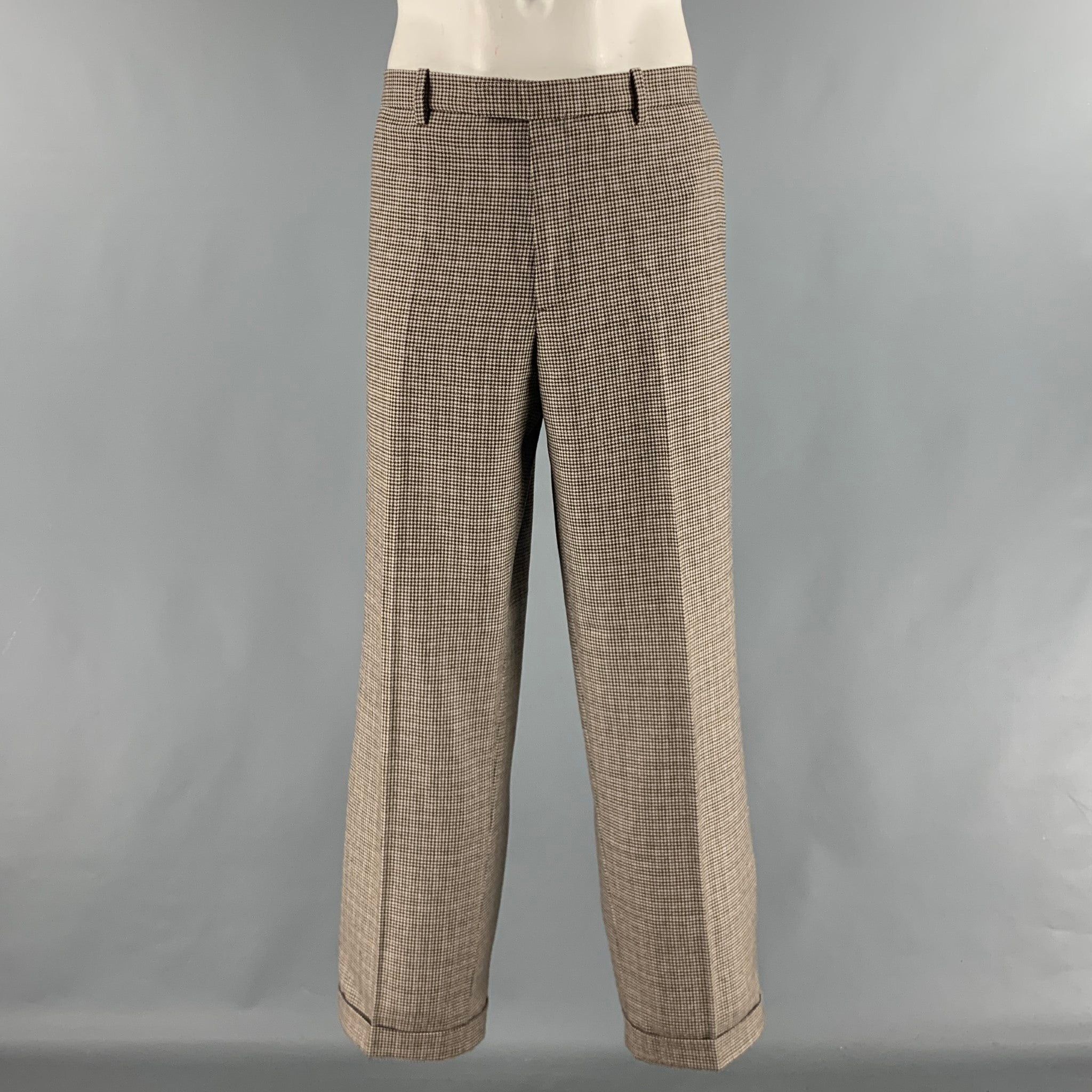 Image of Etro Brown Oatmeal Houndstooth Wool Zip Fly Dress Pants, Men's (Size 36)