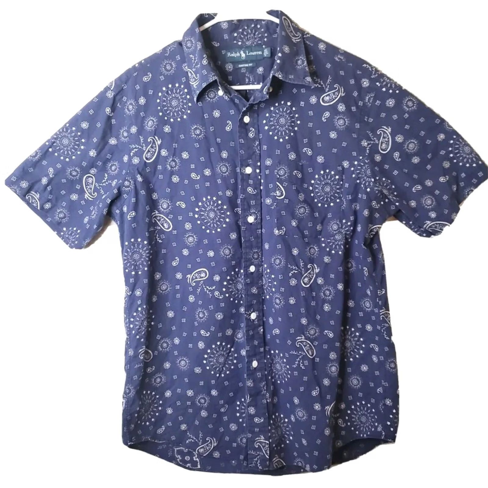 Ralph Lauren Ralph Lauren Custom Fit Men's L Navy Blue Star Burst Paisley Short Sleeve Button-Up Shirt Size US L / EU 52-54 / 3 - 2 Thumbnail