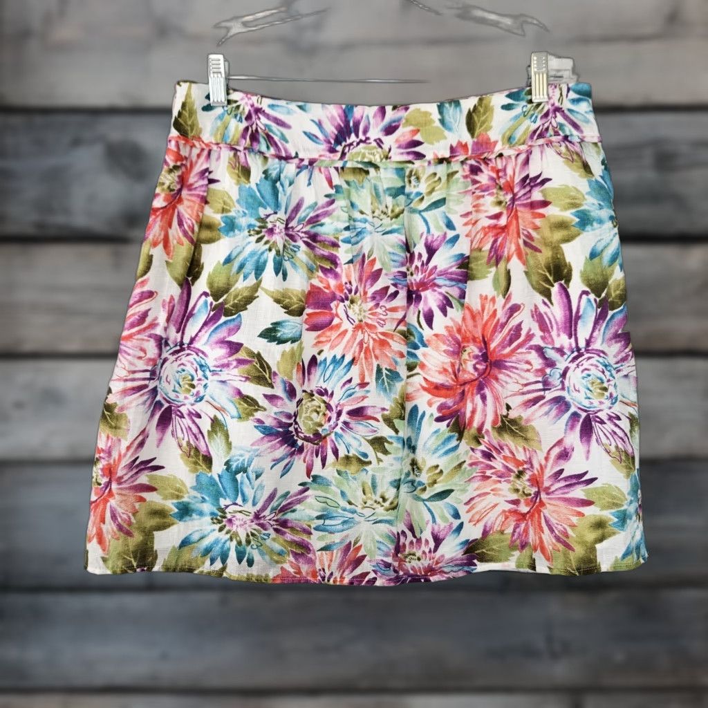 Loft VINTAGE LOFT Ann Taylor Women's Skirt 12 Purple Green Floral Linen Blend Side Zip Size 34" / US 12 / IT 48 - 1 Thumbnail