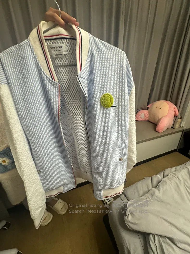 Thom Browne Blue and white striped baseball jacket