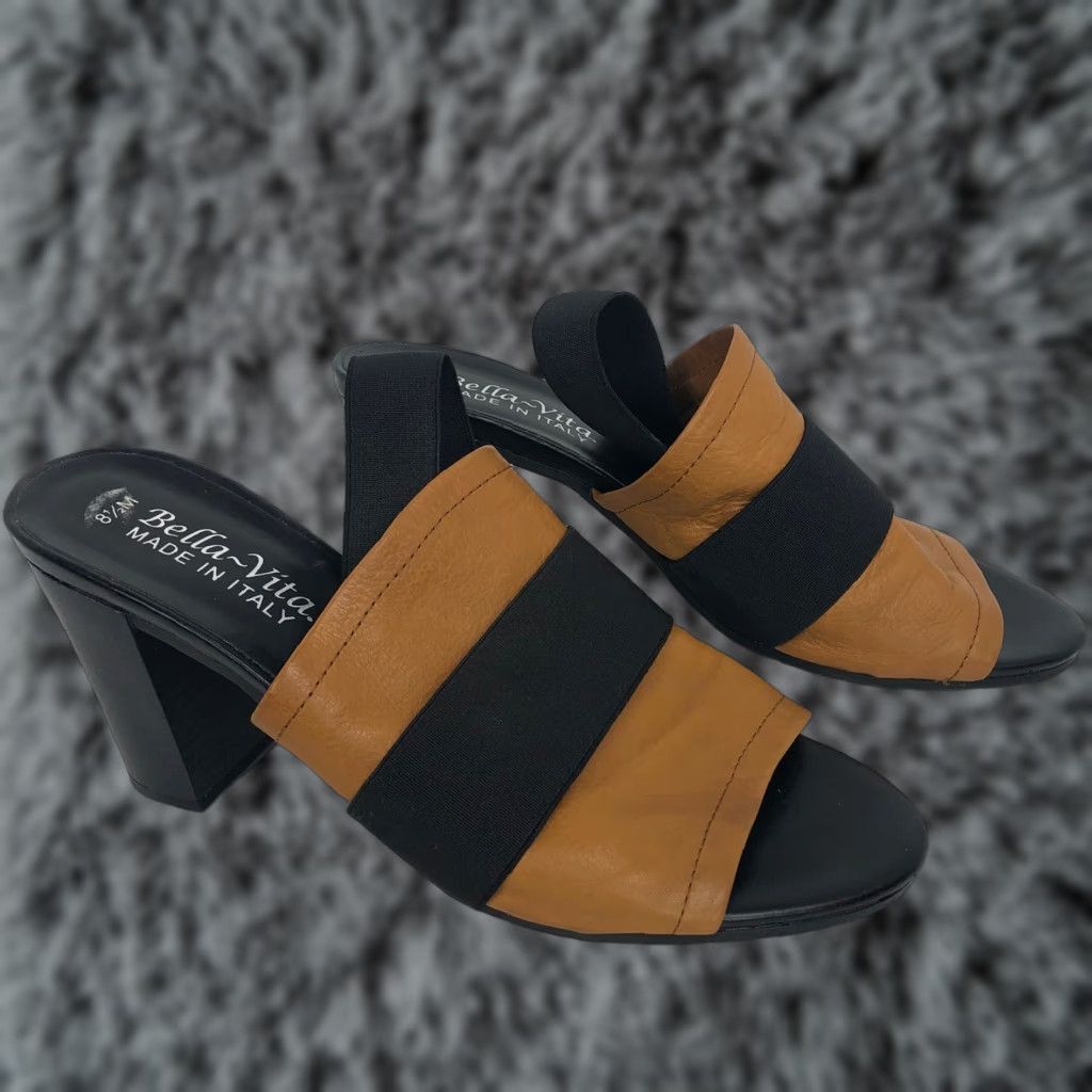 BELLA VITA Platform Heels Sandals Leather Size 8.5 Brown Black Peep Toe Low Heel Womens
