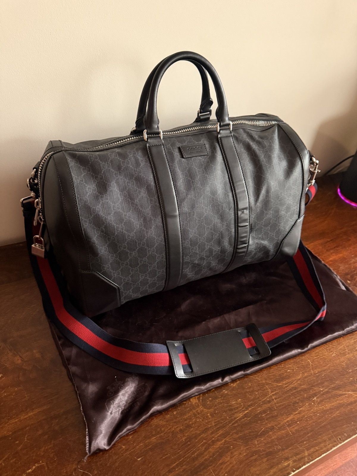 Gucci GUCCI GG Supreme Duffle Bag Black Monogram Weekender Travel Size ONE SIZE - 4 Thumbnail